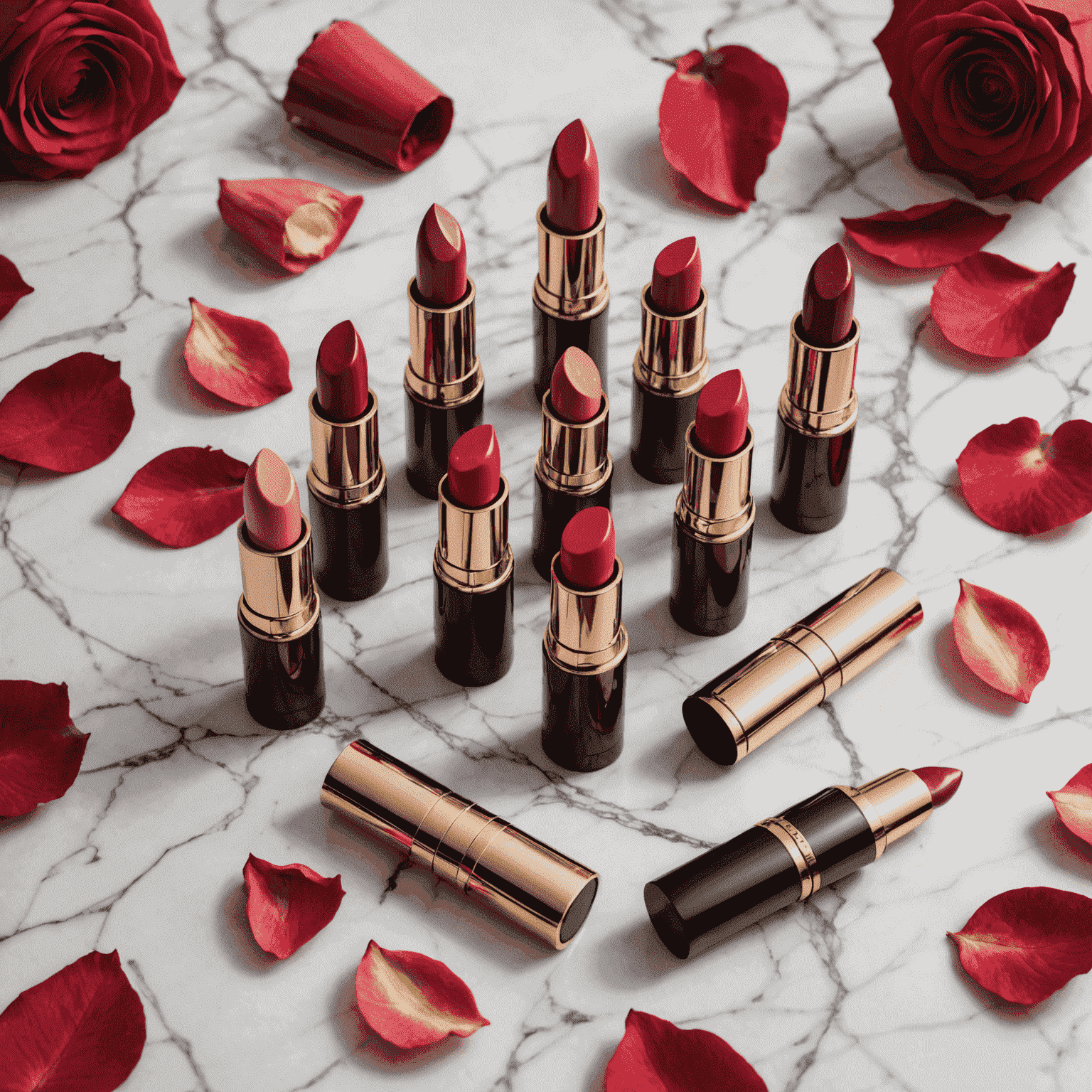 Various lipsticks in trendy shades arranged on a marble surface with rose petals and a fashion magazine