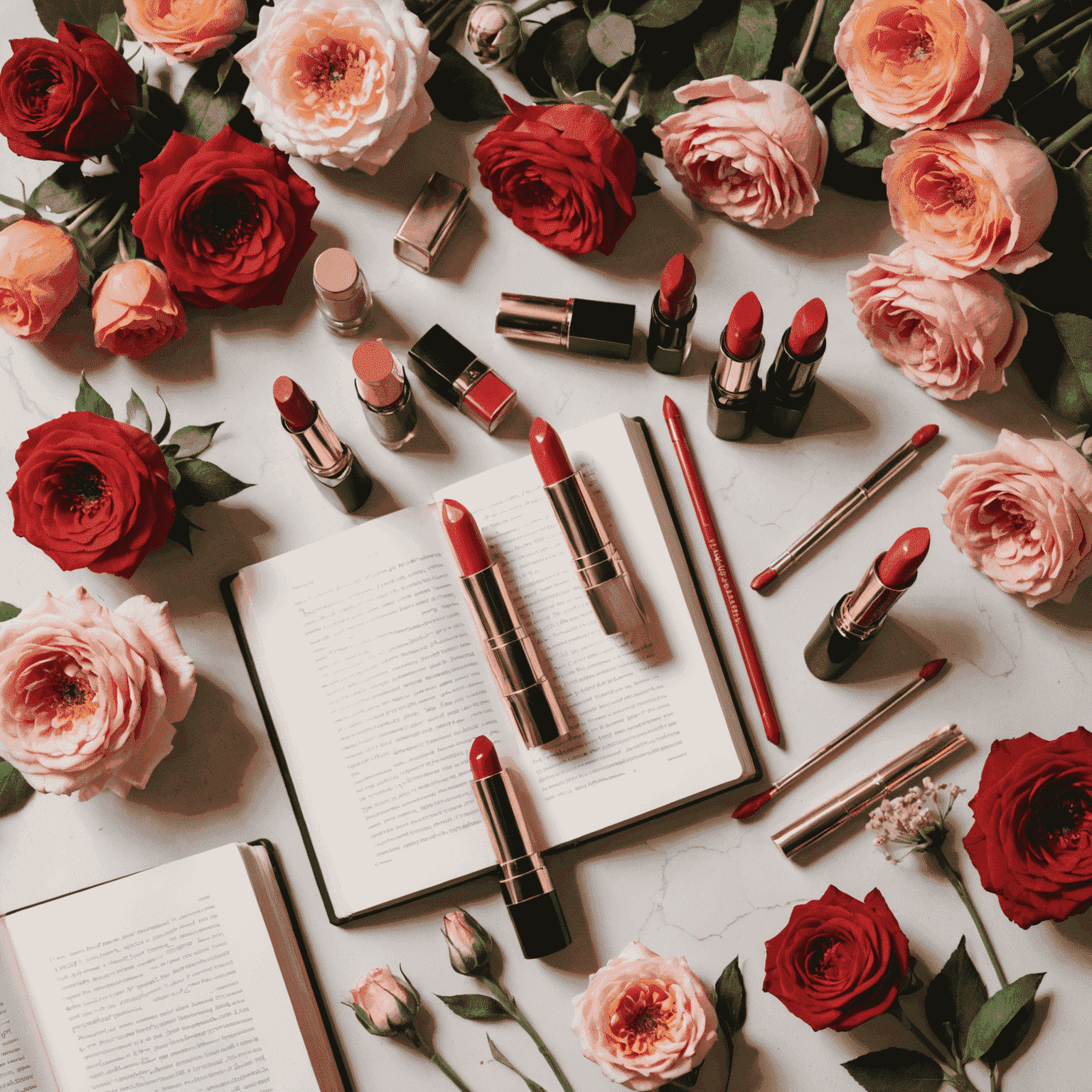 Flatlay of various lipsticks in trending shades, arranged artfully with open books and delicate flowers