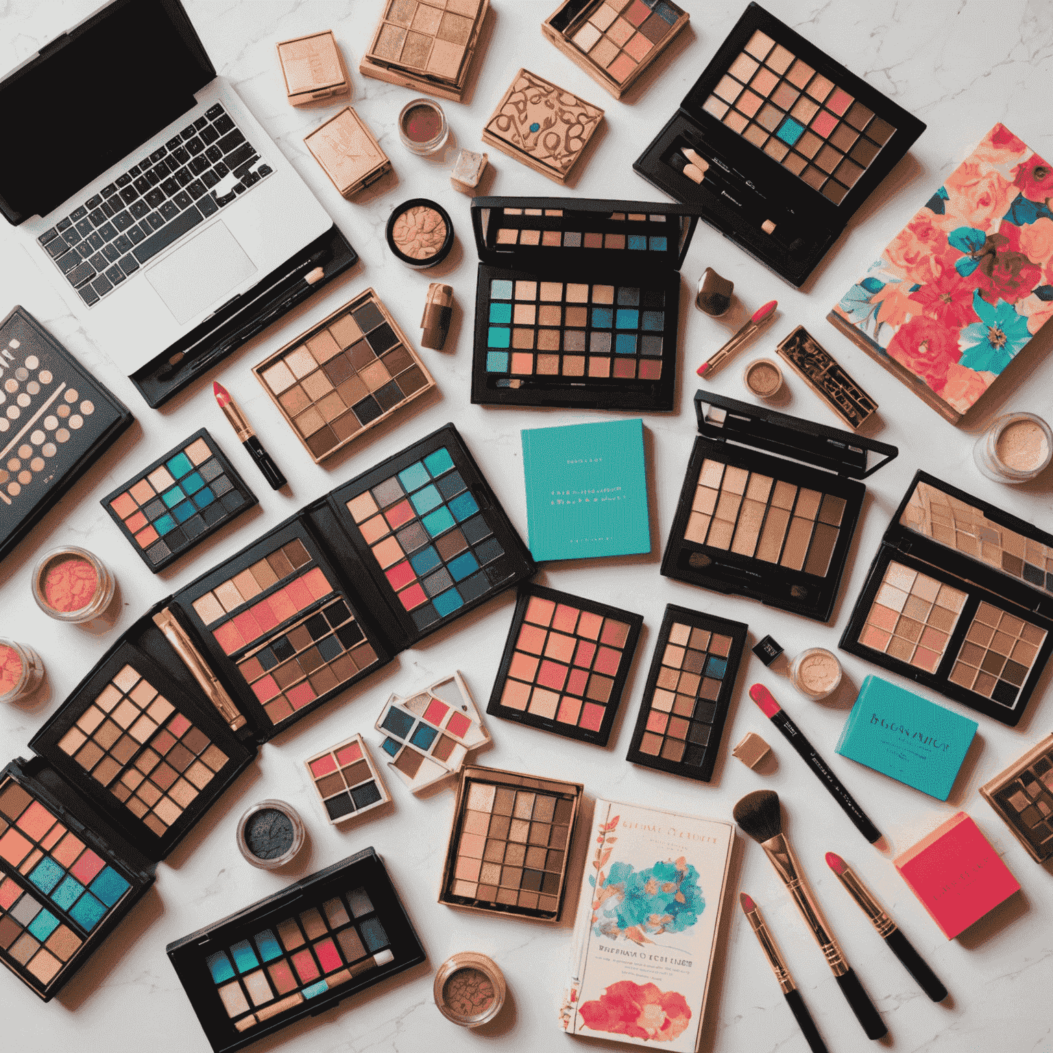 A flatlay of open books with vibrant book covers next to an array of colorful eyeshadow palettes and lipsticks, showcasing the connection between literature and makeup artistry