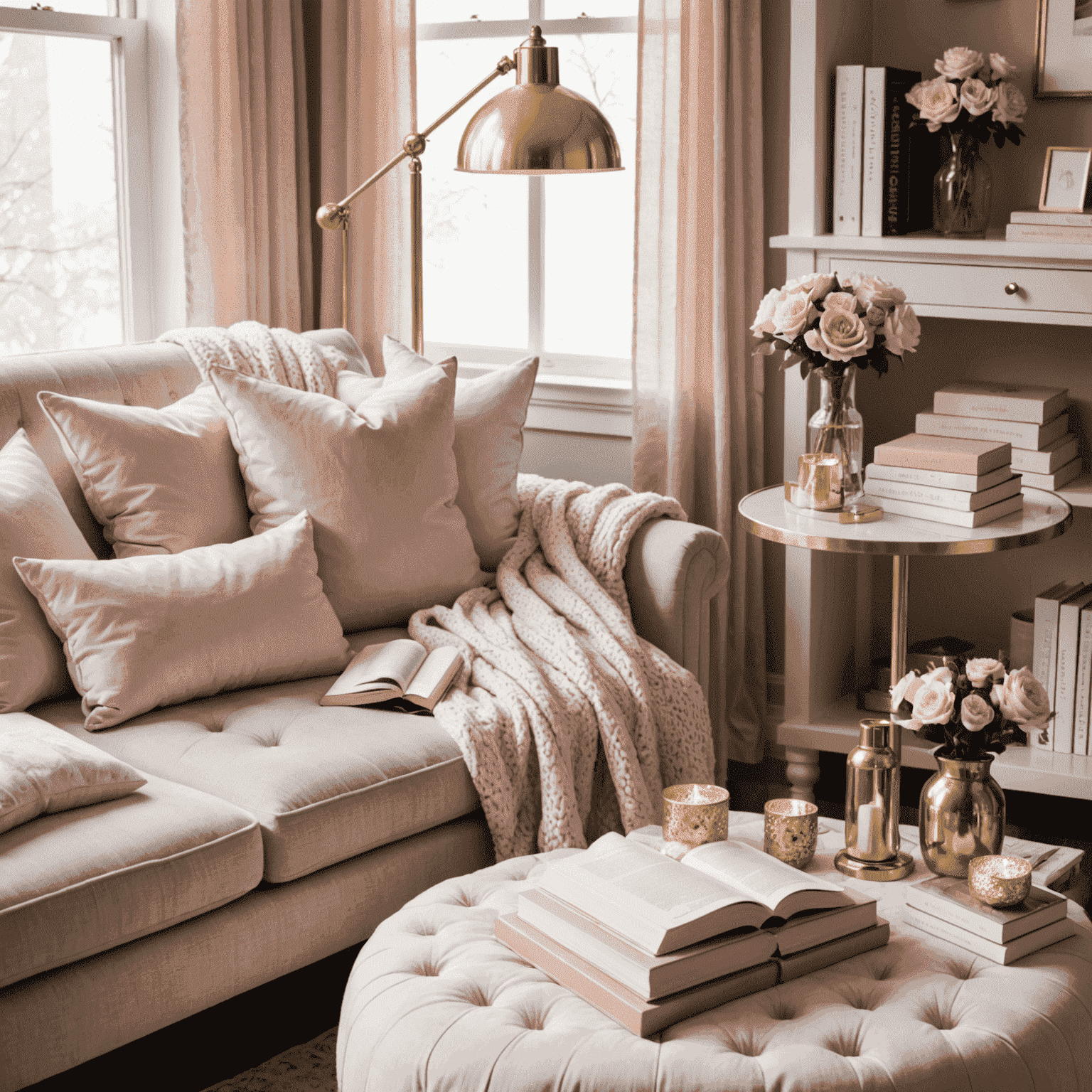 A beautifully arranged reading nook with soft pink throw pillows, a gold reading lamp, and an array of luxurious beauty products scattered around open books