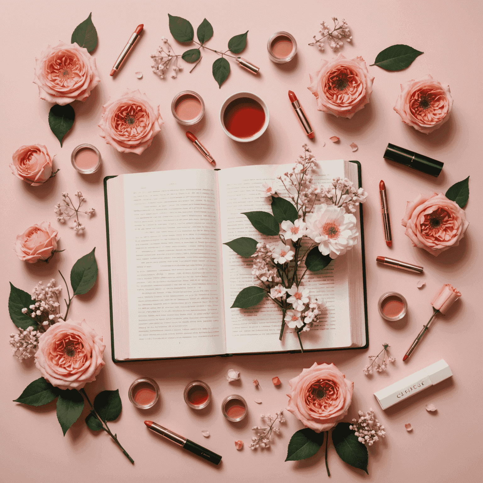 A flatlay of open books, scattered lipsticks, and delicate flowers on a blush pink background
