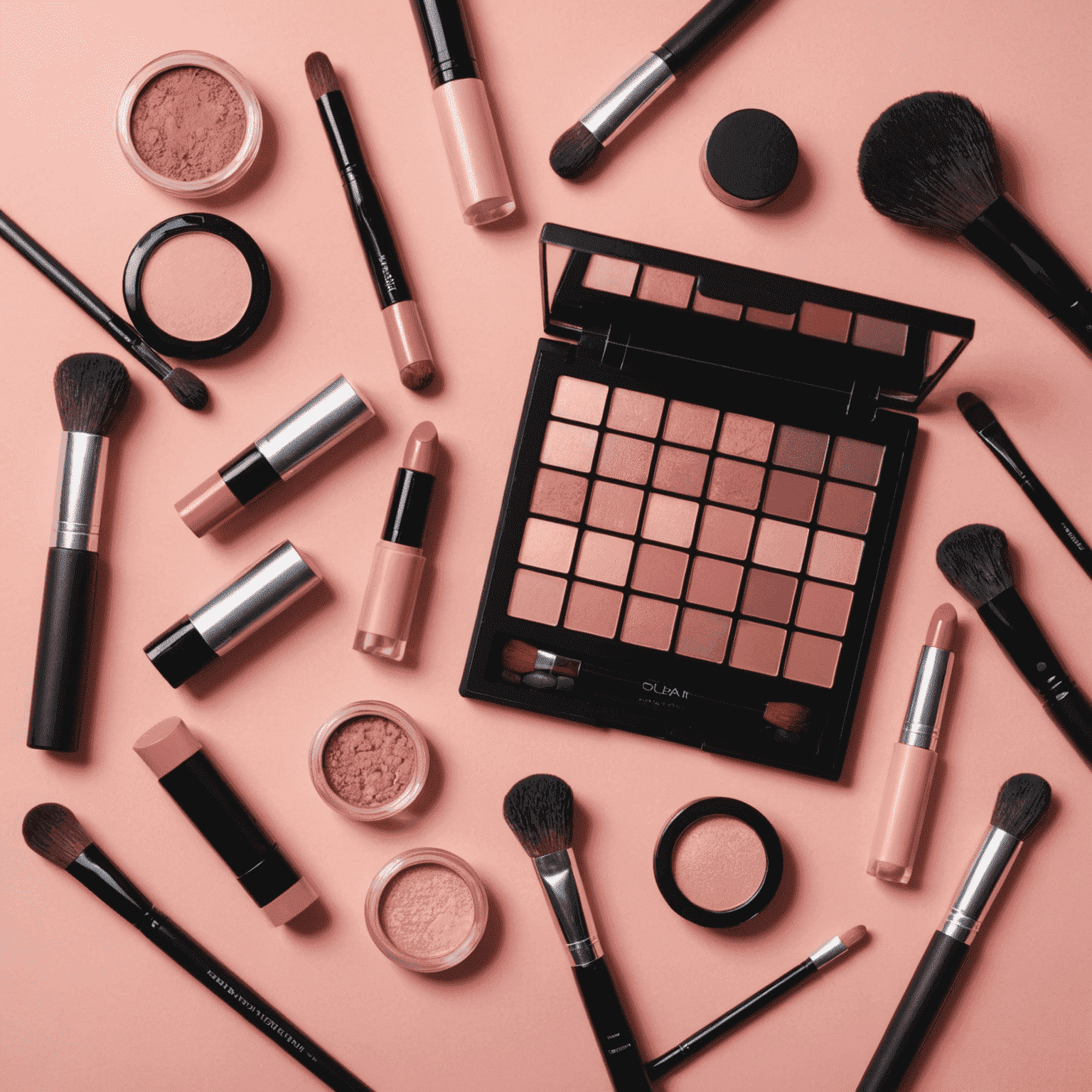 A flatlay of various makeup products including eyeshadow palettes, brushes, and lipsticks arranged on a soft blush pink background