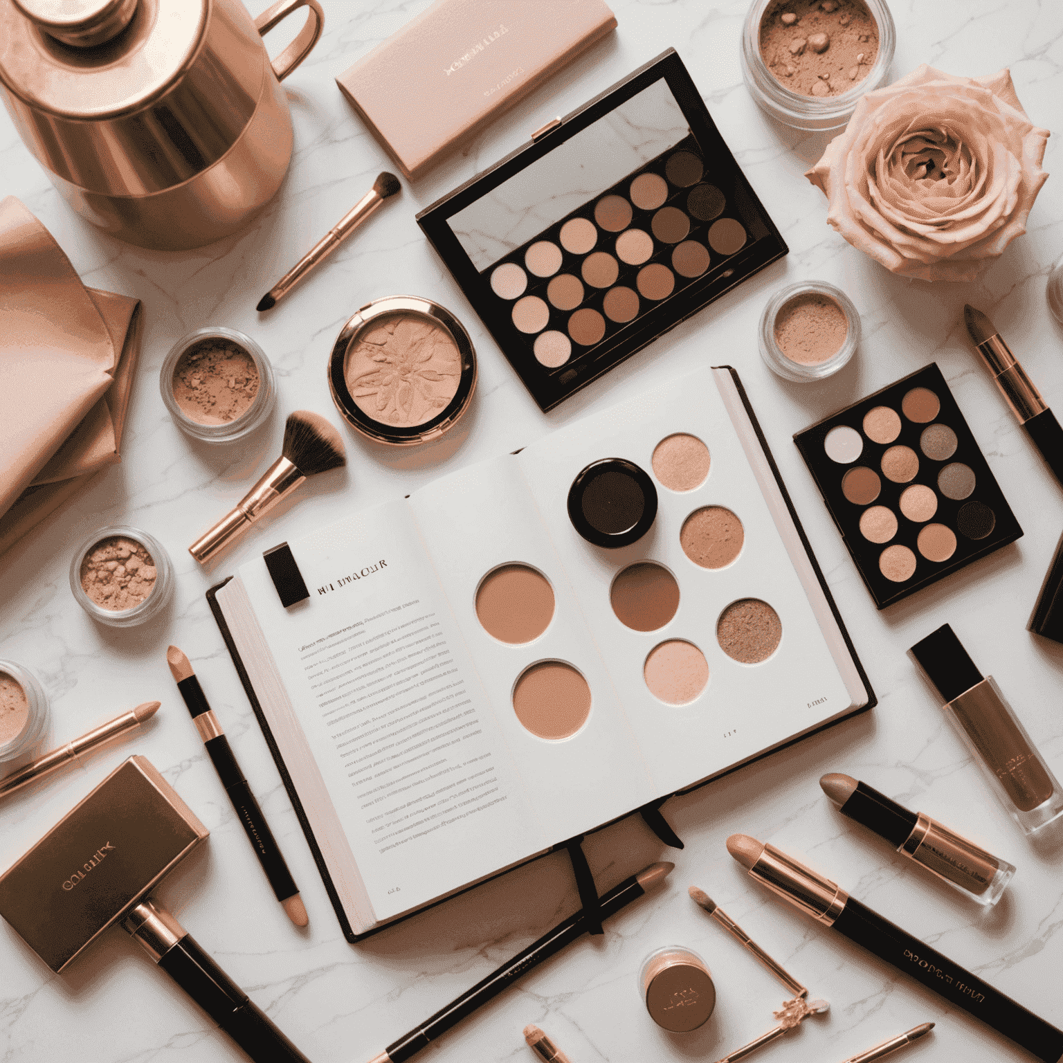 A flatlay of an open book surrounded by elegant makeup products, including a blush pink lipstick and a golden eyeshadow palette