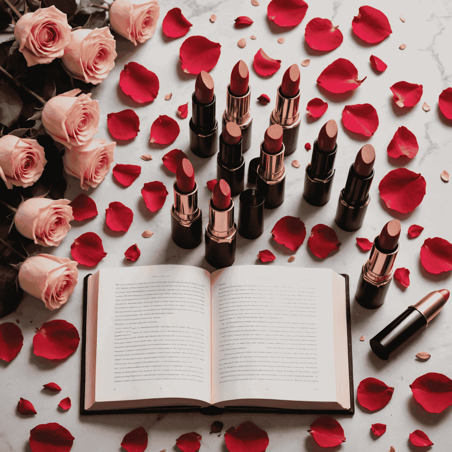 A flatlay of various high-end lipsticks arranged on an open book, with rose petals scattered around