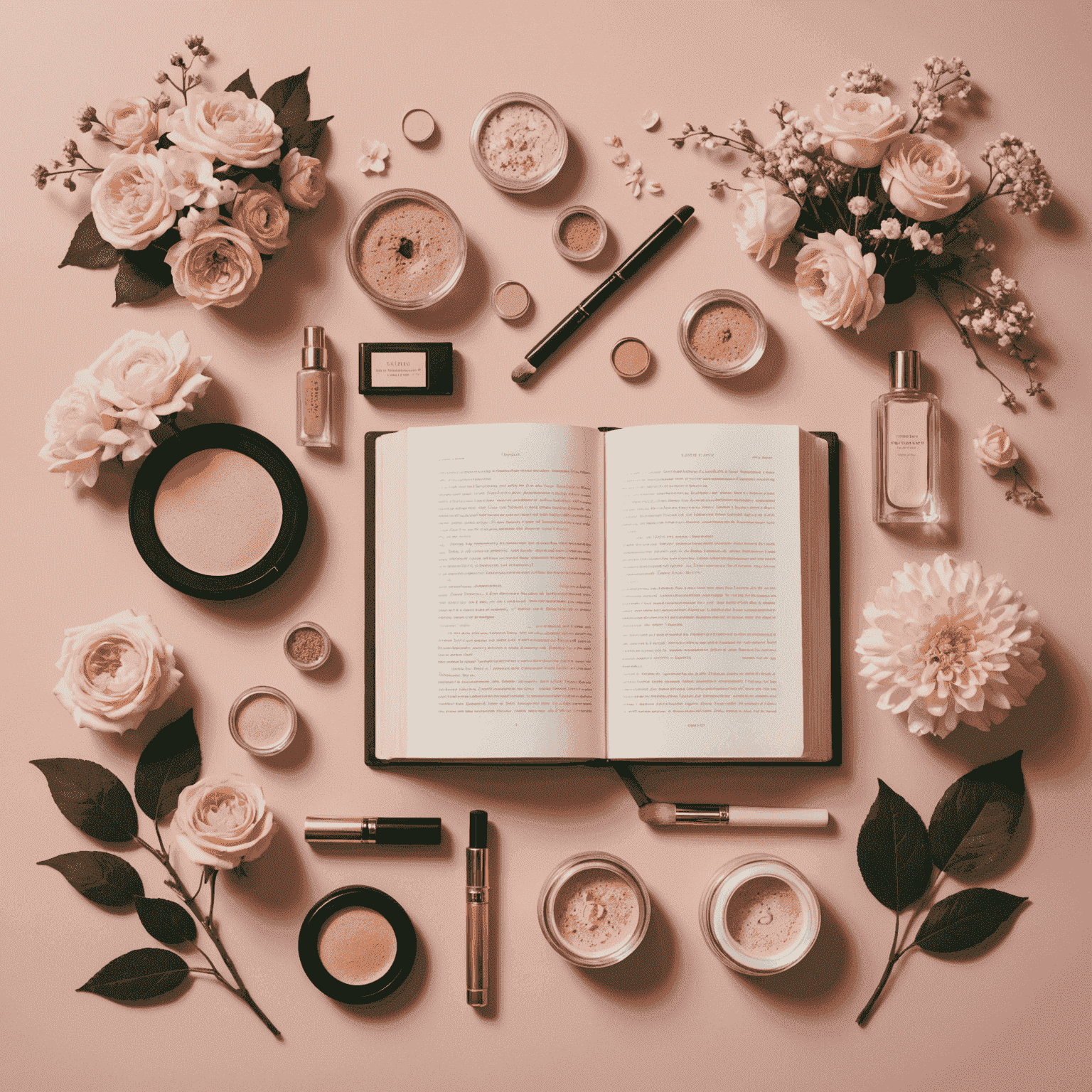 A flatlay of open books, vintage-inspired makeup products, and delicate flowers arranged on a soft blush pink background