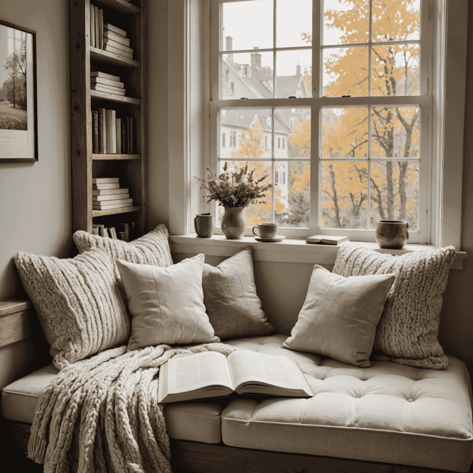 A cozy window seat with plush cushions, soft throw blankets, and a stack of books, bathed in warm natural light. The scene evokes a sense of tranquility and invitation to curl up with a good book.