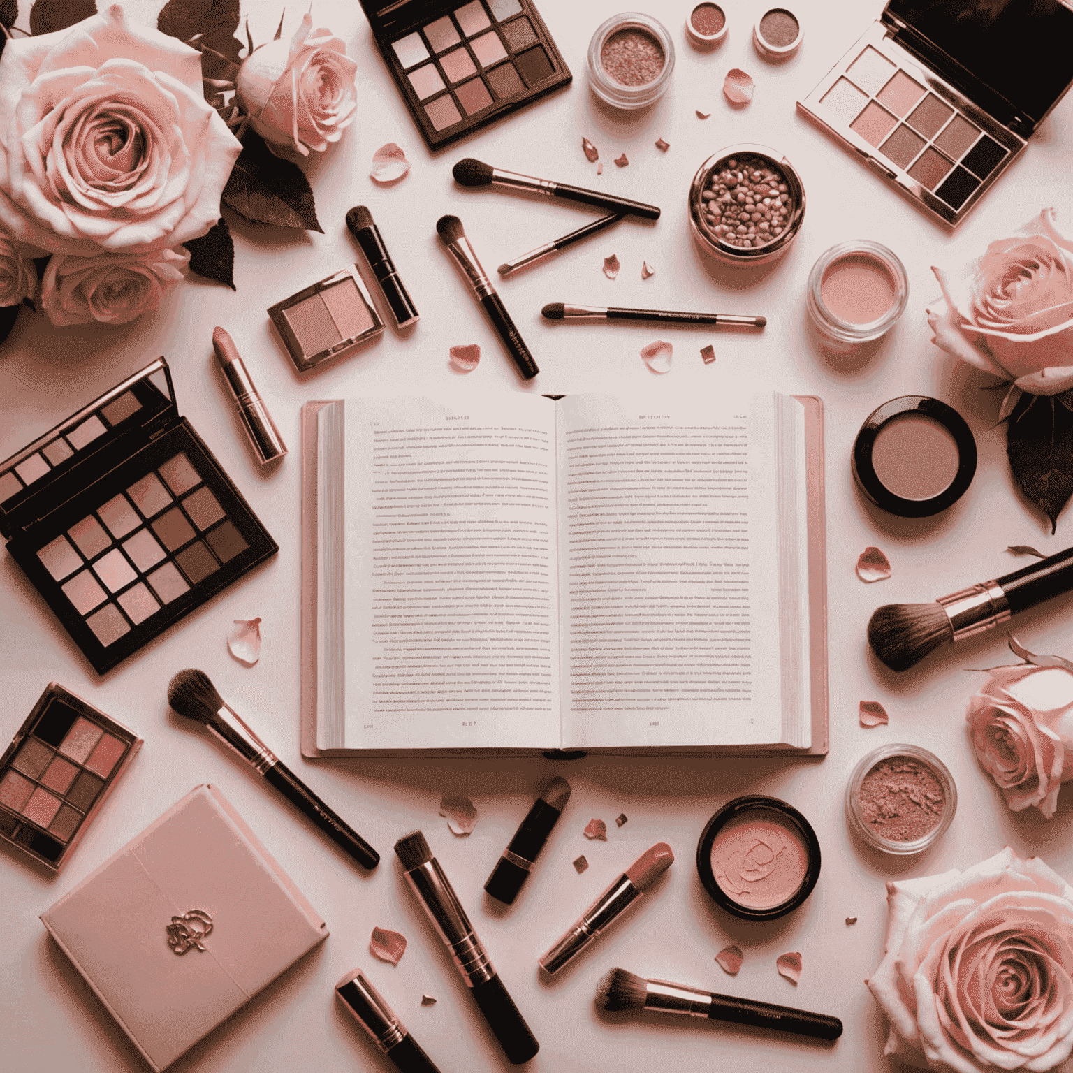 A flatlay image featuring an open book with elegant gold-edged pages, surrounded by various high-end makeup products including lipsticks, eyeshadow palettes, and a luxurious makeup brush set. Soft pink rose petals are scattered around, creating a feminine and sophisticated atmosphere.