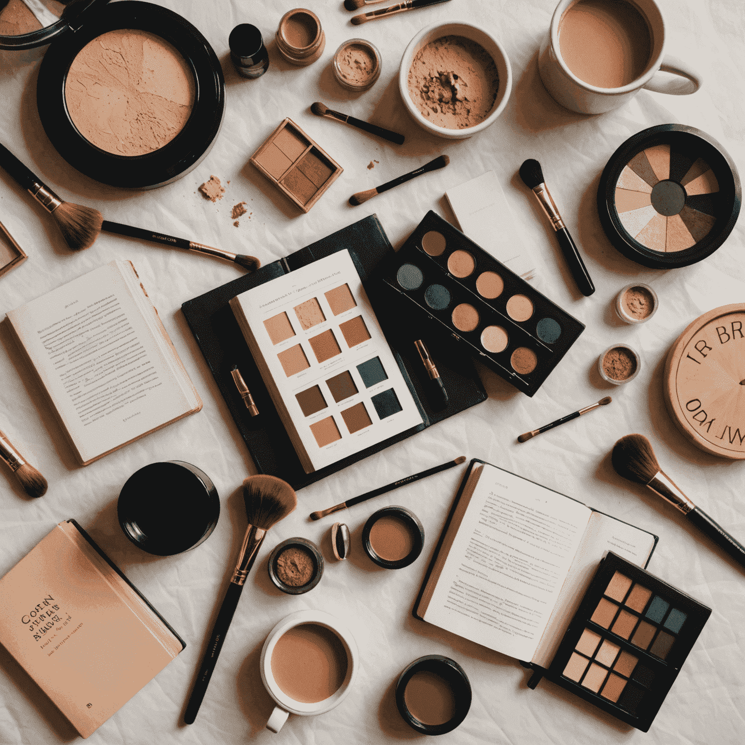 A flatlay of open books with corresponding makeup palettes and brushes, showcasing literary-inspired beauty looks