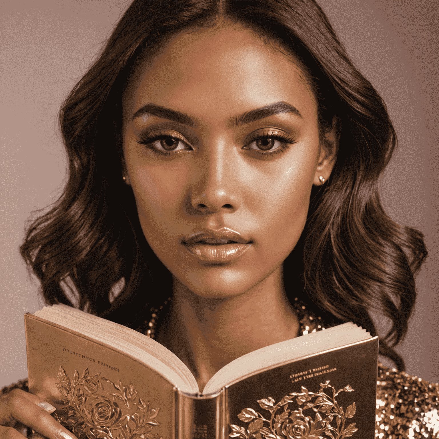 Close-up of a model wearing a shimmering rose gold lip gloss, holding an open book with gilded pages