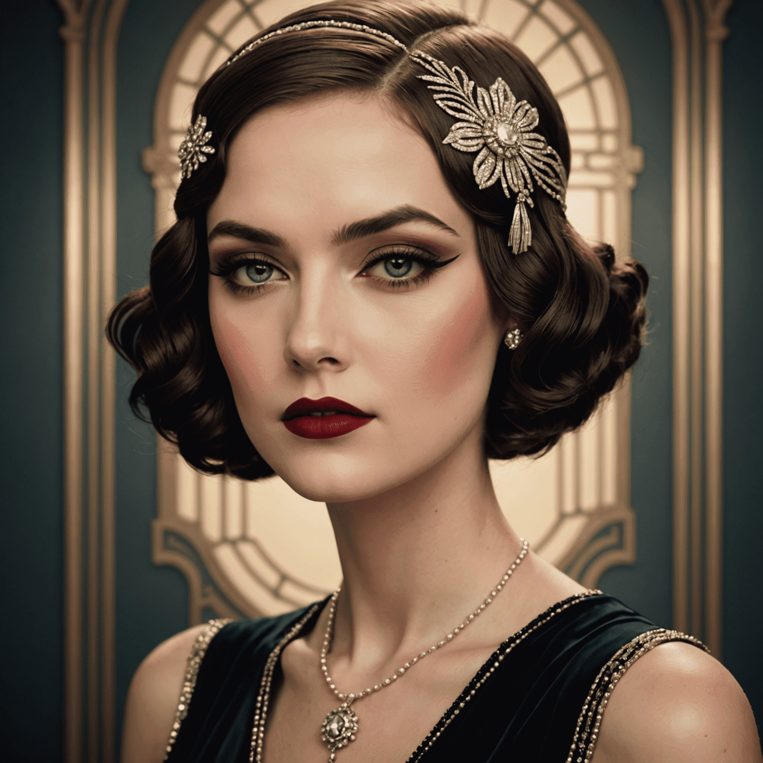 A model with 1920s-inspired makeup, featuring dramatic smokey eyes, thin arched brows, and deep red lips, reminiscent of Daisy Buchanan from The Great Gatsby