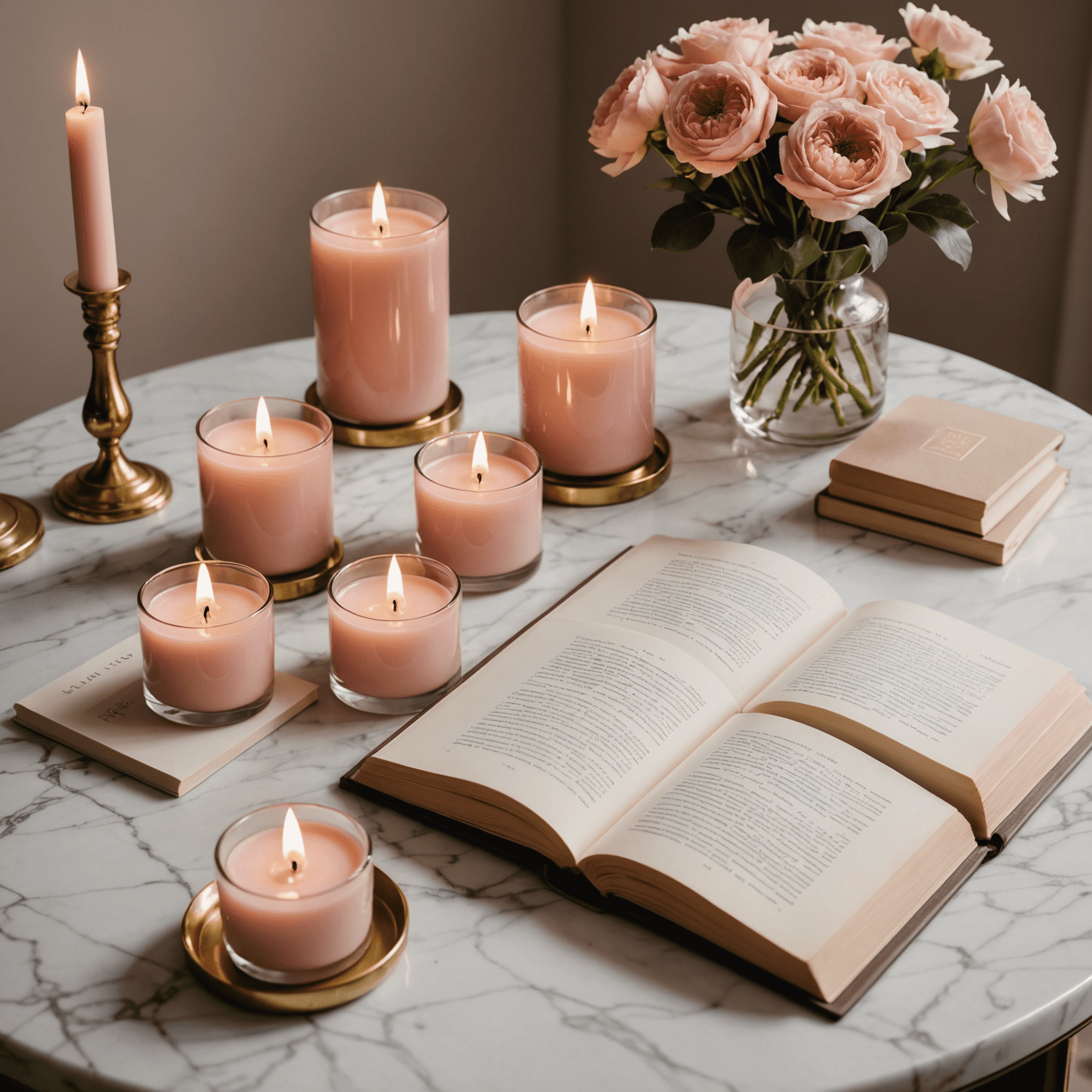 An elegant array of scented candles in soft pink and gold containers, arranged on a marble surface next to an open book
