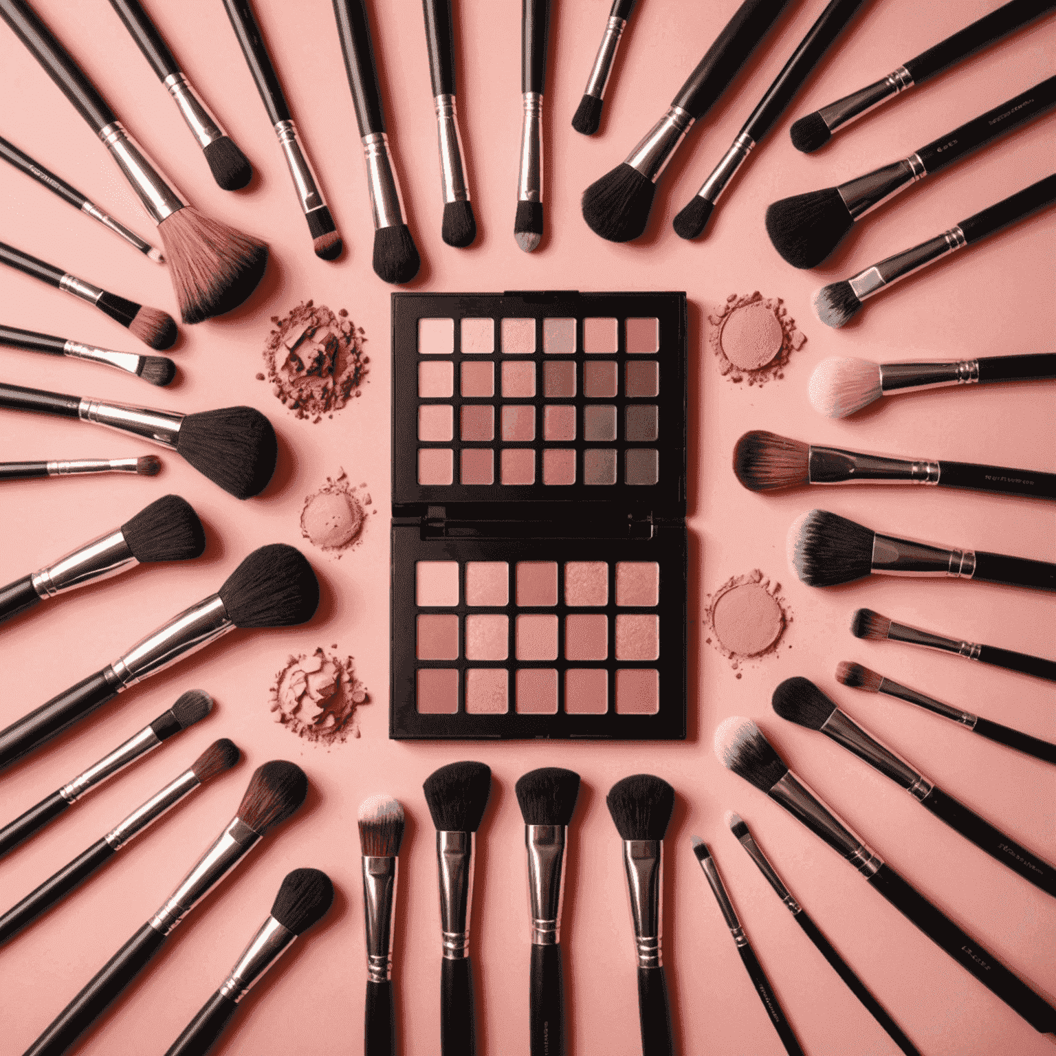 Flatlay of makeup brushes, eyeshadow palettes, and lipsticks arranged artfully on a blush pink background