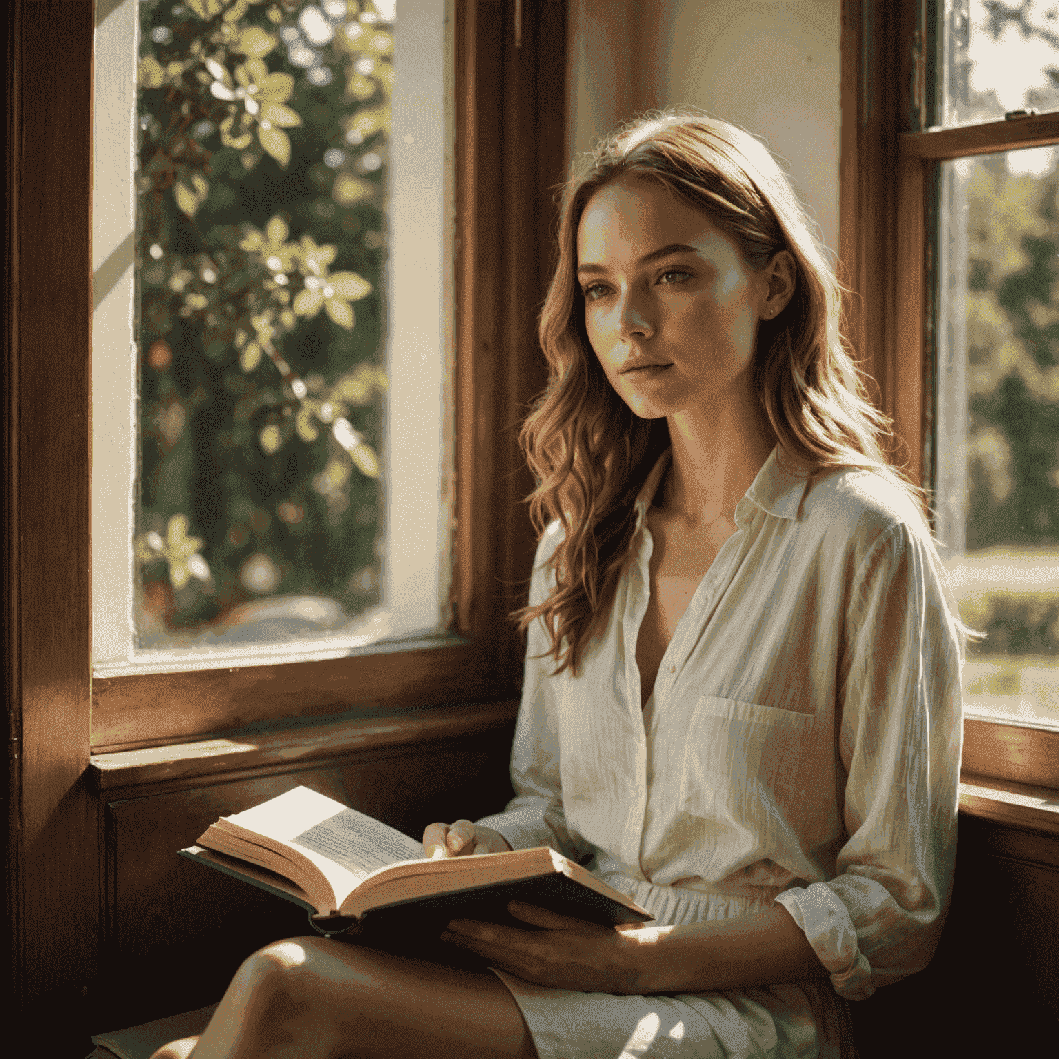 A model with natural, glowing makeup sitting in a sunlit window seat with a book