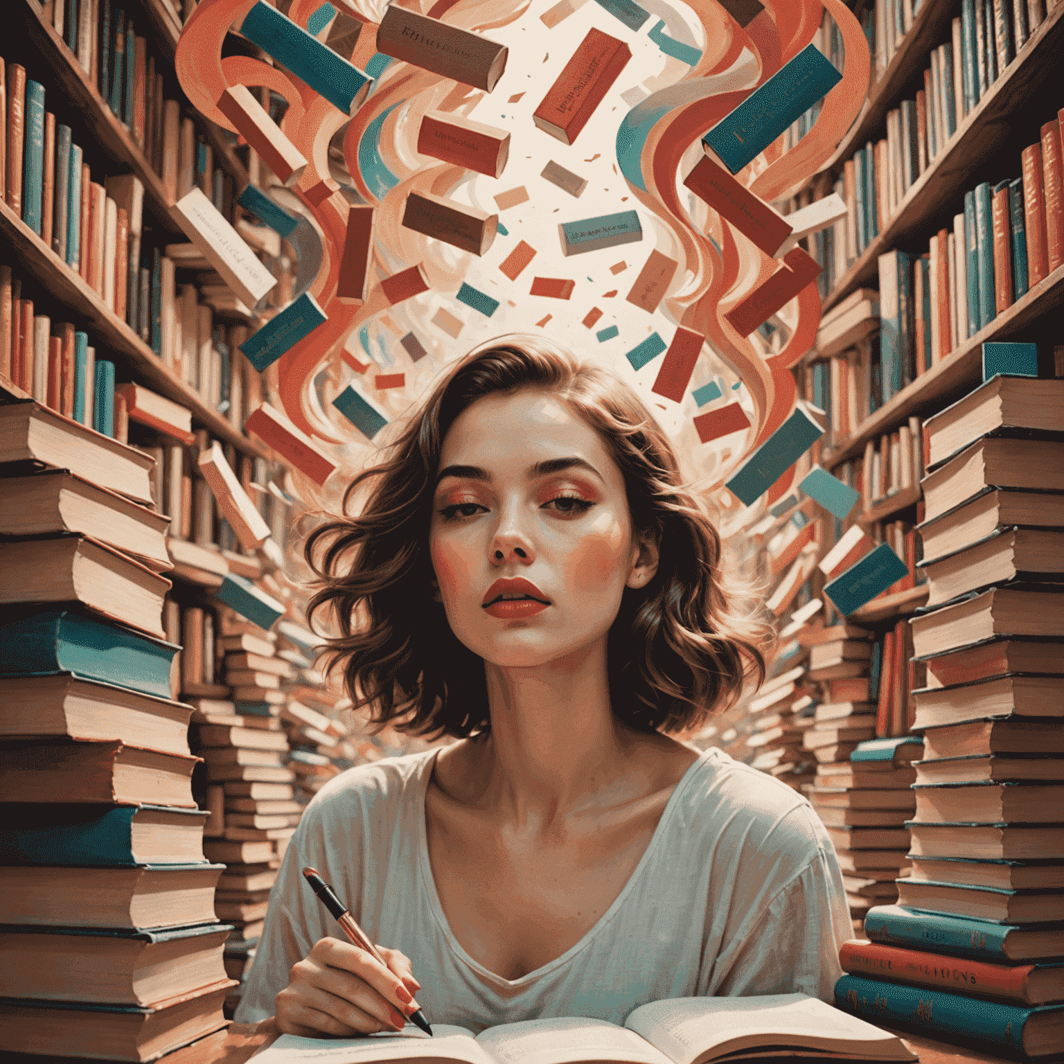 A dreamy scene of a young woman applying lipstick while surrounded by floating books and swirling colors