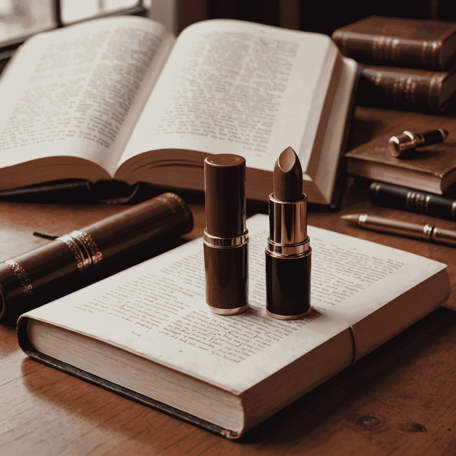 A deep red liquid lipstick next to an open leather-bound book