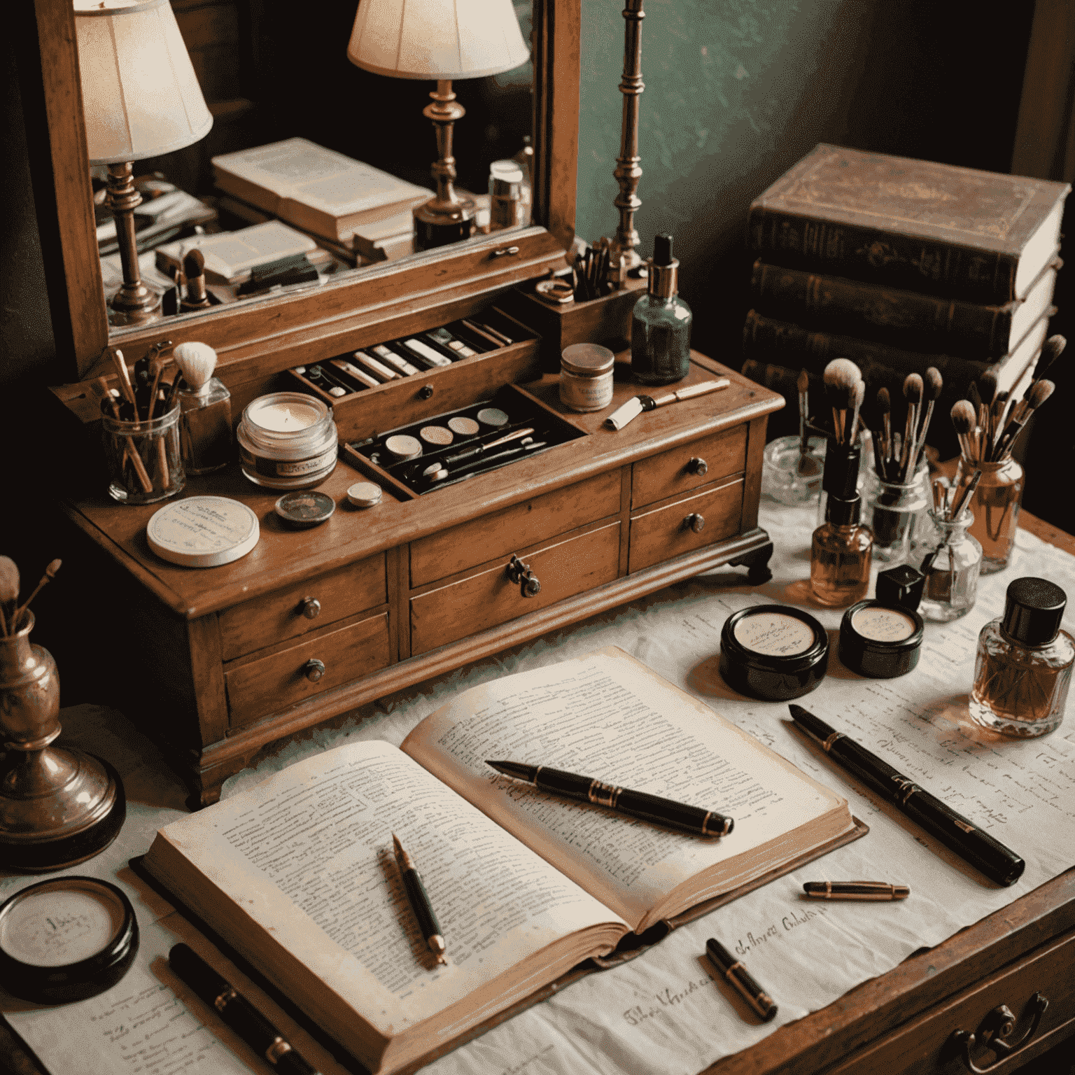 A vintage vanity with an open book, quill pen, and carefully arranged period-appropriate makeup products