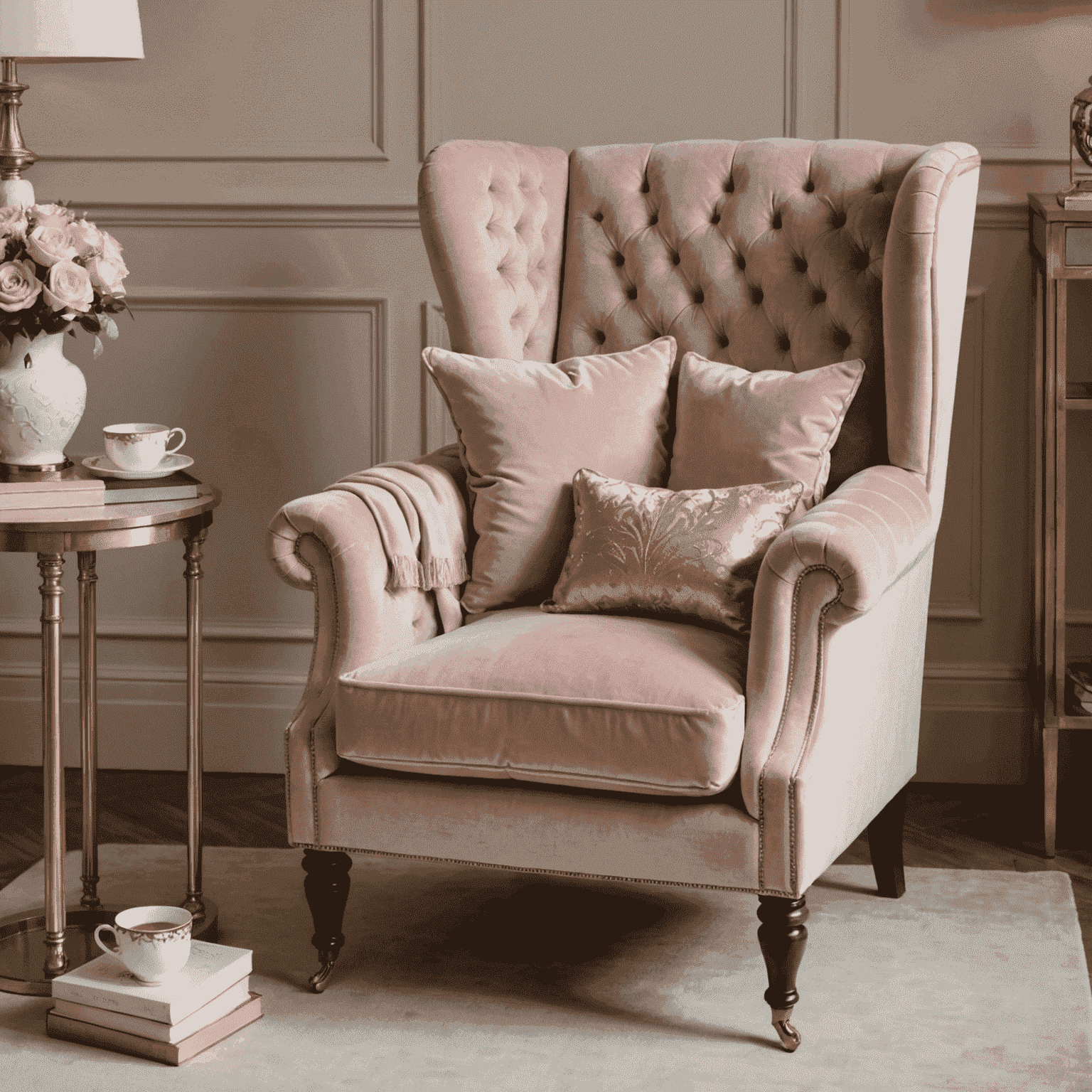 A luxurious velvet armchair in blush pink, adorned with gold-trimmed cushions and a soft ivory throw. A small side table holds a delicate teacup and a stack of hardcover books with gold-foil titles.