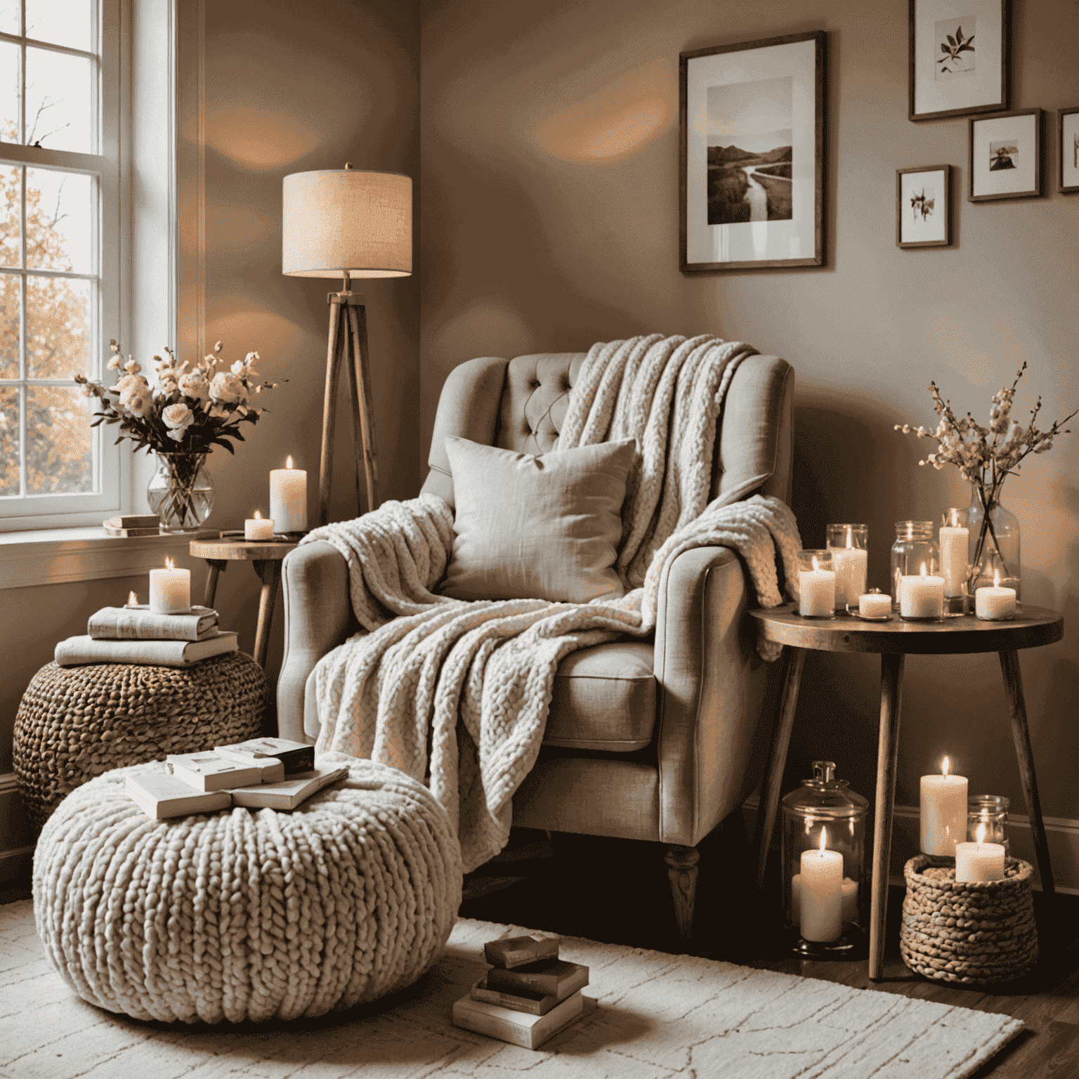 A cozy reading corner with a plush chair, soft throw blanket, scented candles, and a selection of beauty products arranged on a side table