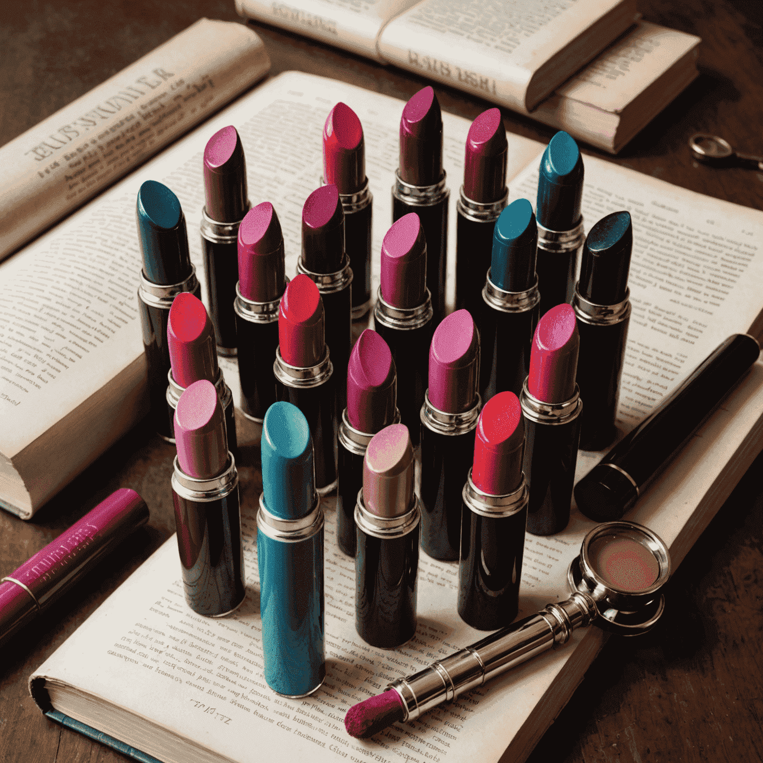 Assortment of glossy lipsticks in jewel tones, arranged with vintage bookmarks and a magnifying glass
