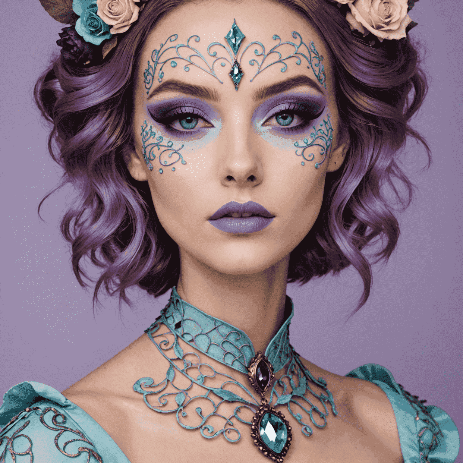 A fantastical makeup look featuring pastel blue and purple eyeshadows, intricate eyeliner designs resembling vines or playing card symbols, and a soft pink lip, inspired by Alice in Wonderland