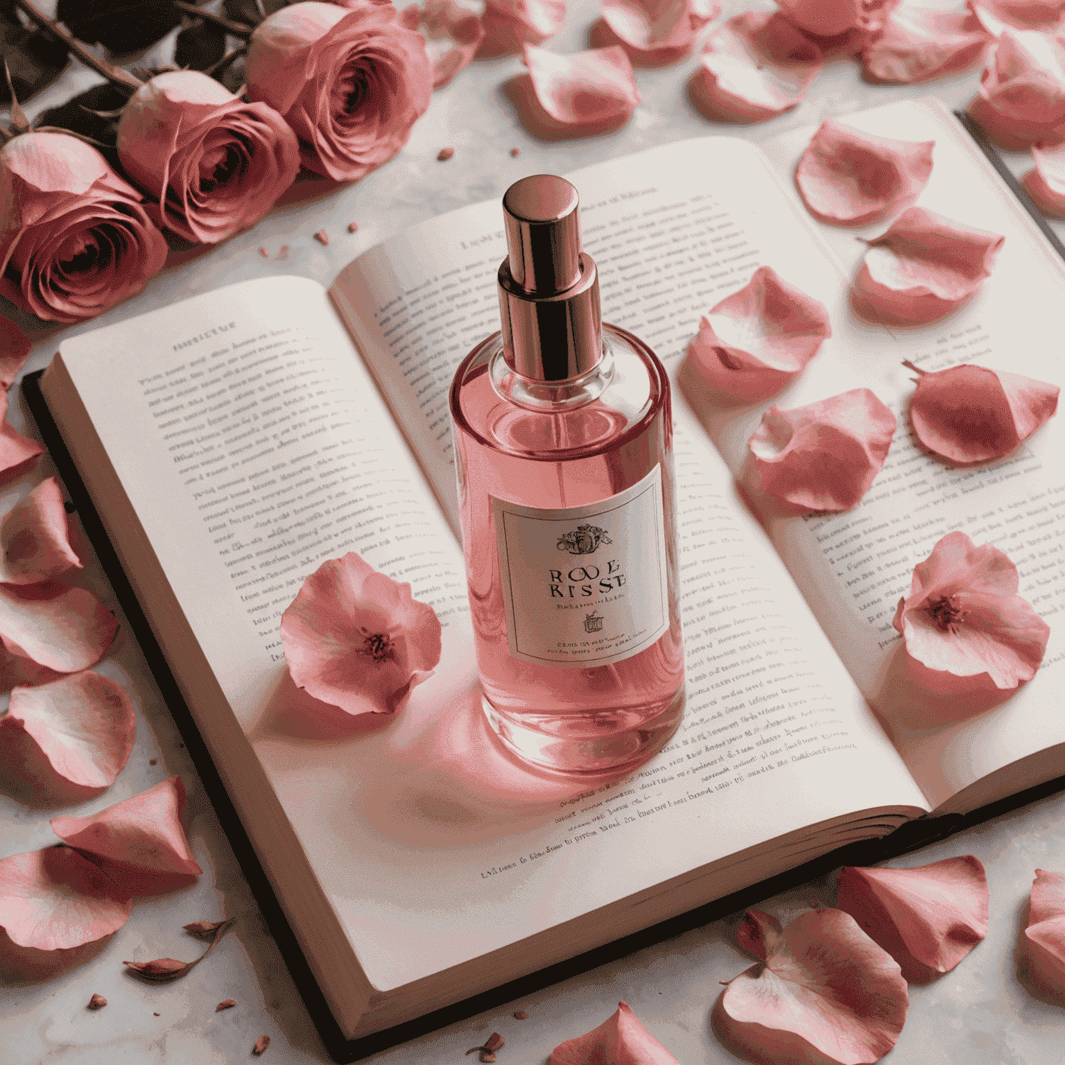 A delicate glass bottle of rose-infused face mist placed on an open book, surrounded by rose petals and a soft pink silk bookmark