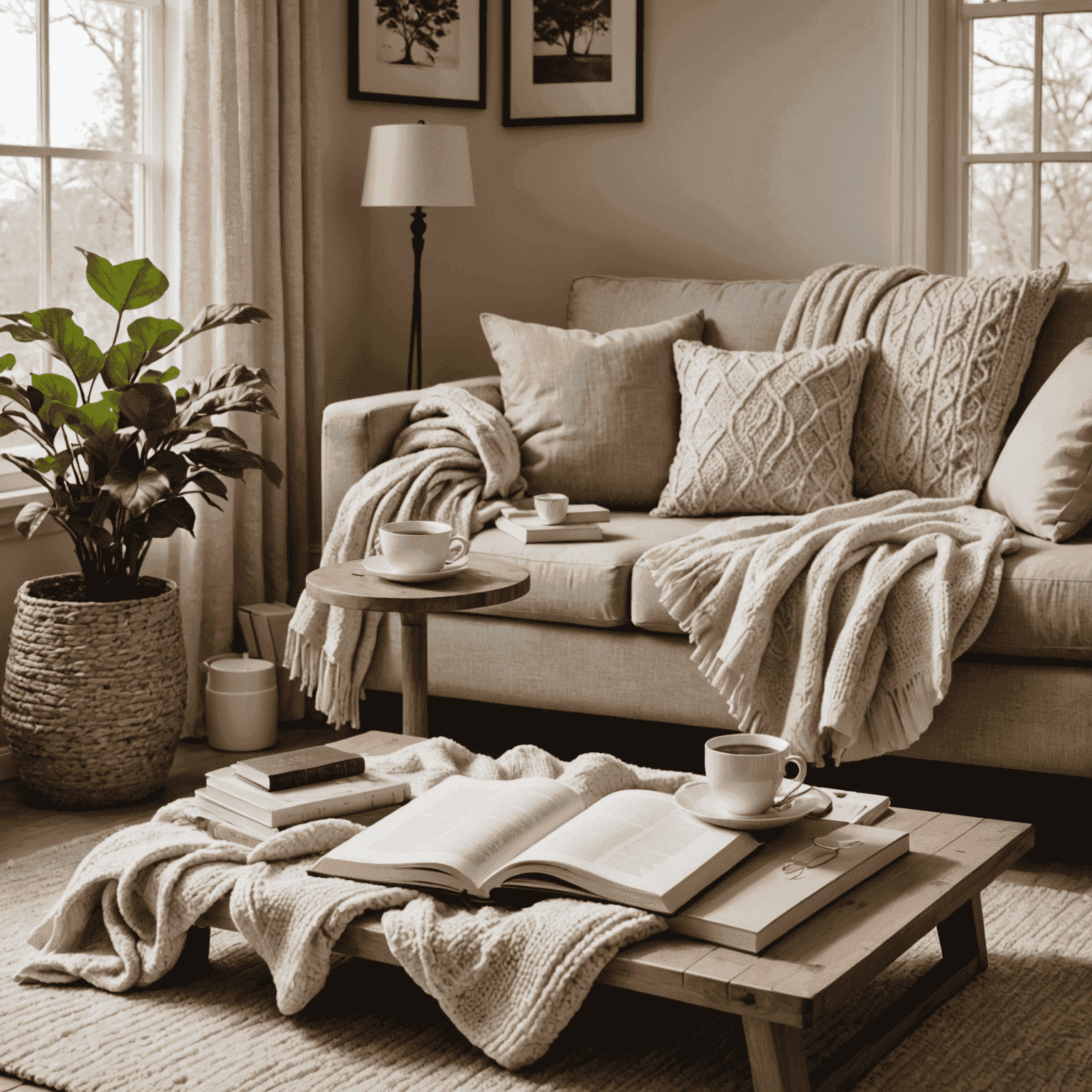 A cozy reading nook with a stack of books, a cup of tea, and a soft throw blanket