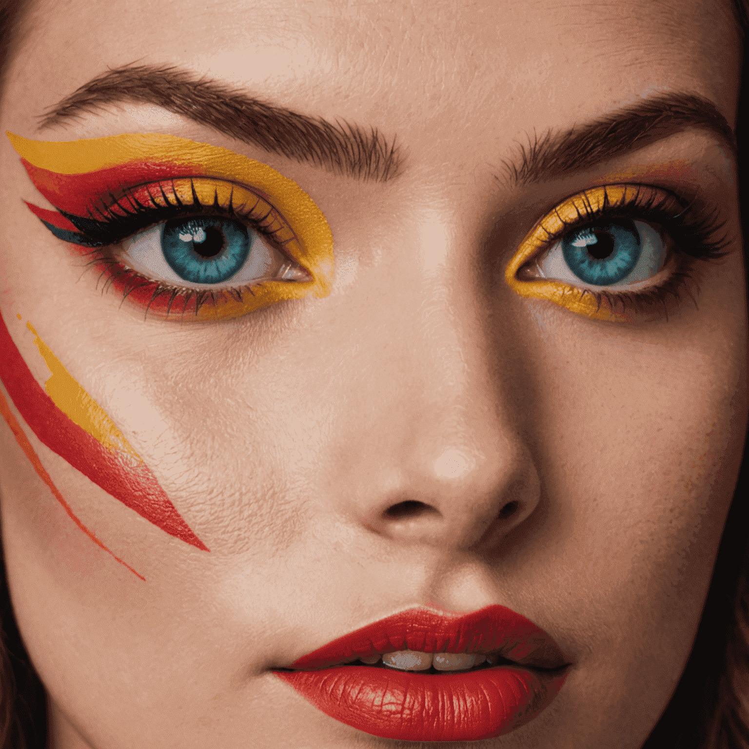 Close-up of a woman with bold, colorful eye makeup inspired by book cover art