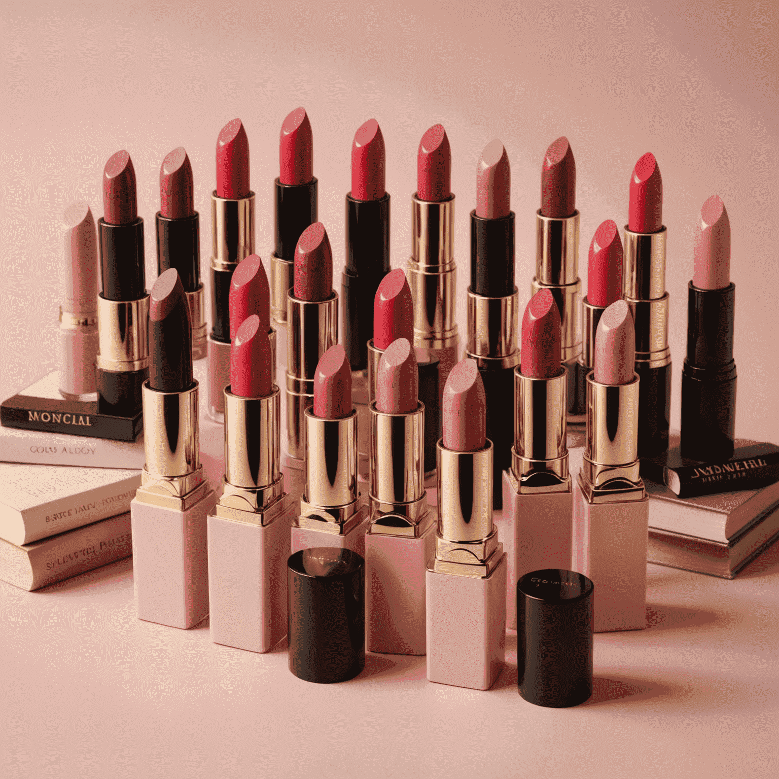 A beautifully arranged collection of lipsticks in various shades alongside classic and contemporary novels, all set against a soft blush pink background
