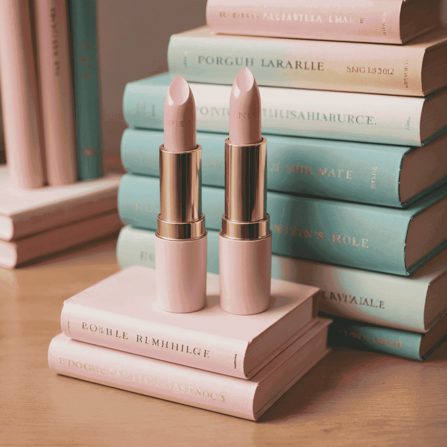 A soft pink cream lipstick placed on top of a stack of pastel-colored books