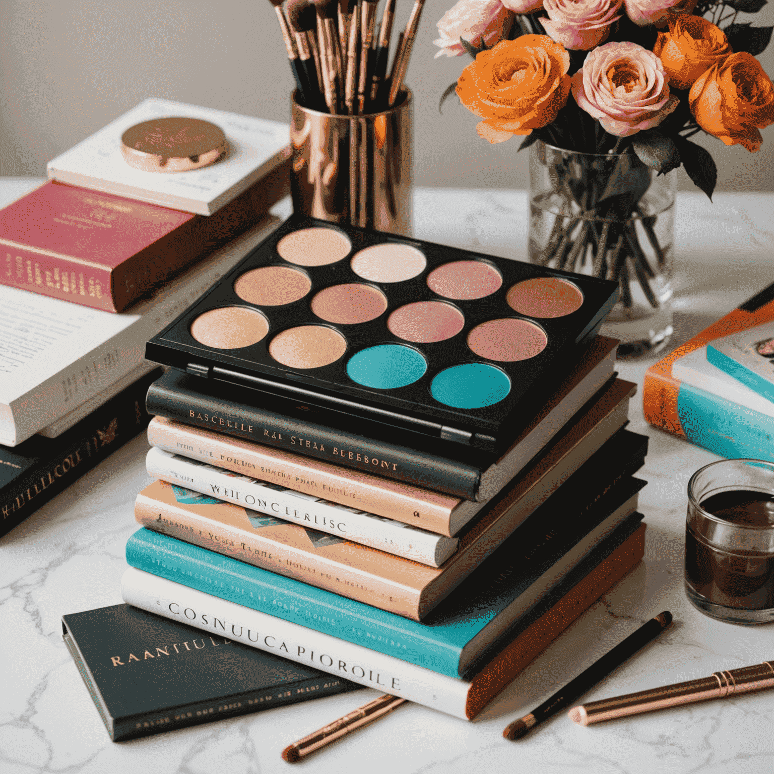 A modern makeup palette with vibrant colors next to a stack of contemporary novels