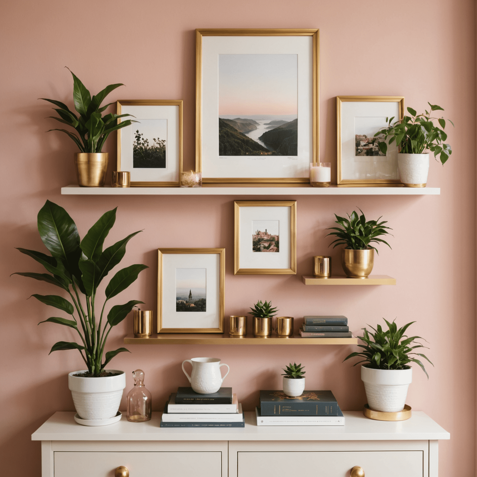 A set of elegant gold-framed floating shelves against a soft blush pink wall, displaying a curated collection of books interspersed with small potted plants, candles, and framed quotes. The arrangement is both organized and visually appealing.