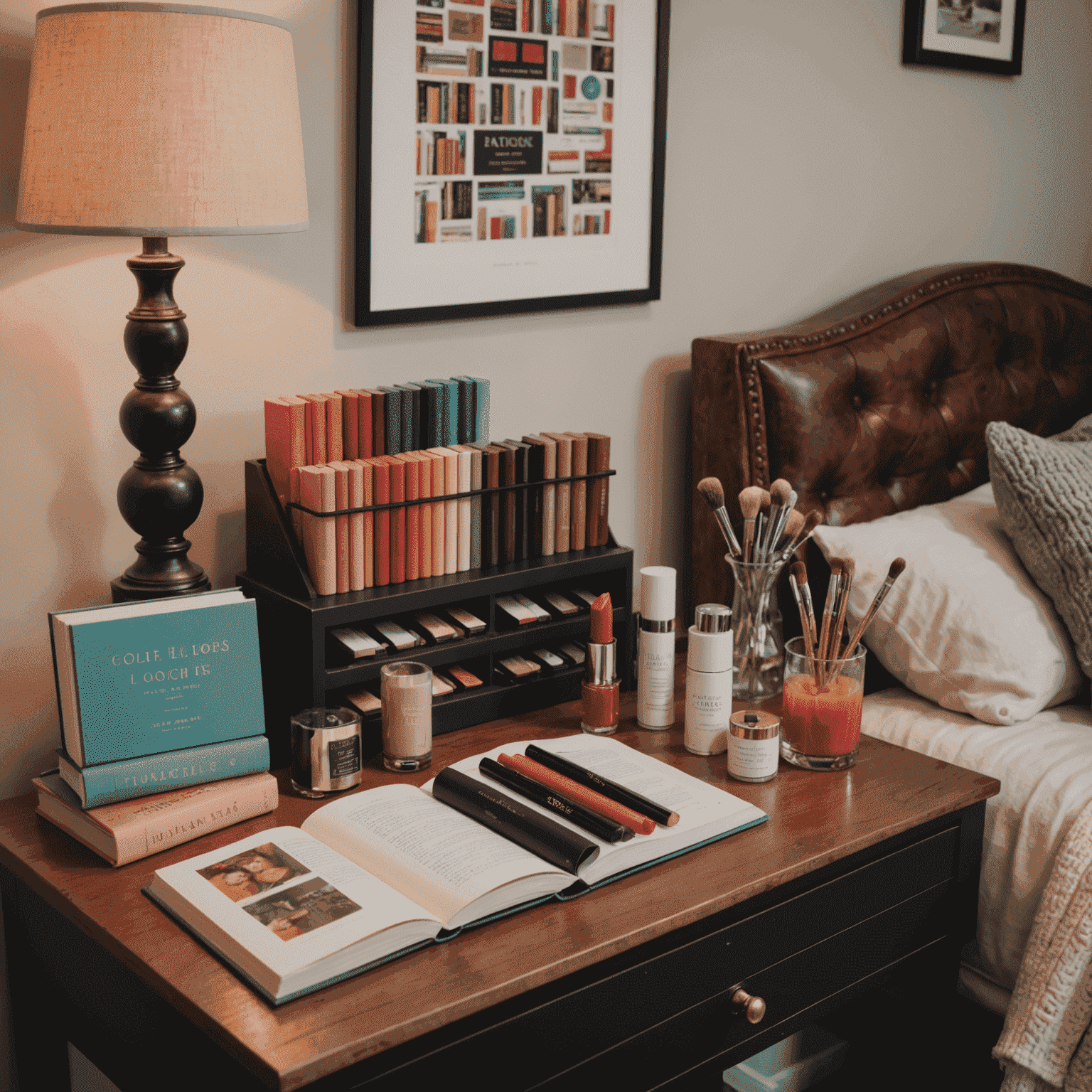 A cozy reading nook with a variety of lipsticks displayed on a vanity, next to a stack of colorful book spines and a cup of tea