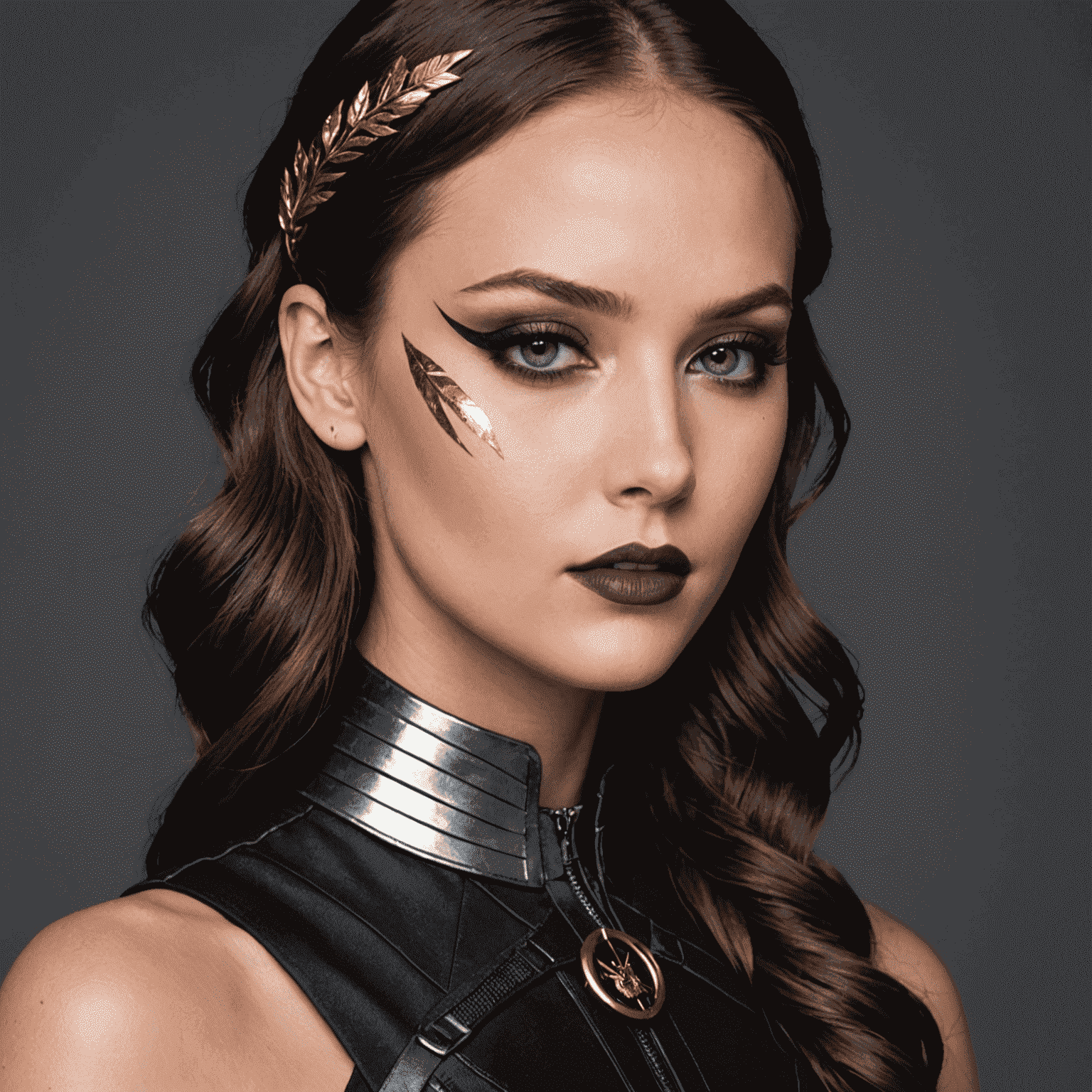 A bold and edgy makeup look with graphic eyeliner, metallic accents, and a muted lip color, inspired by dystopian novels like The Hunger Games
