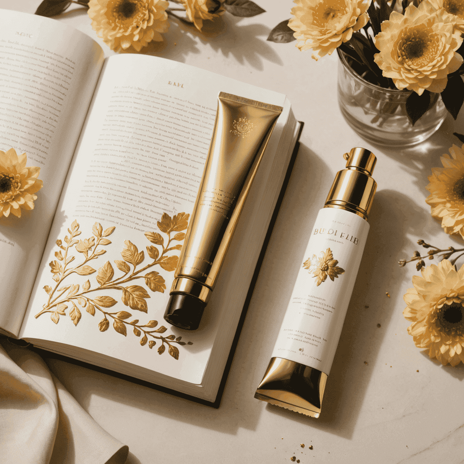 An elegant gold-accented tube of hand cream nestled among the pages of an open hardcover book, with a delicate floral bookmark visible