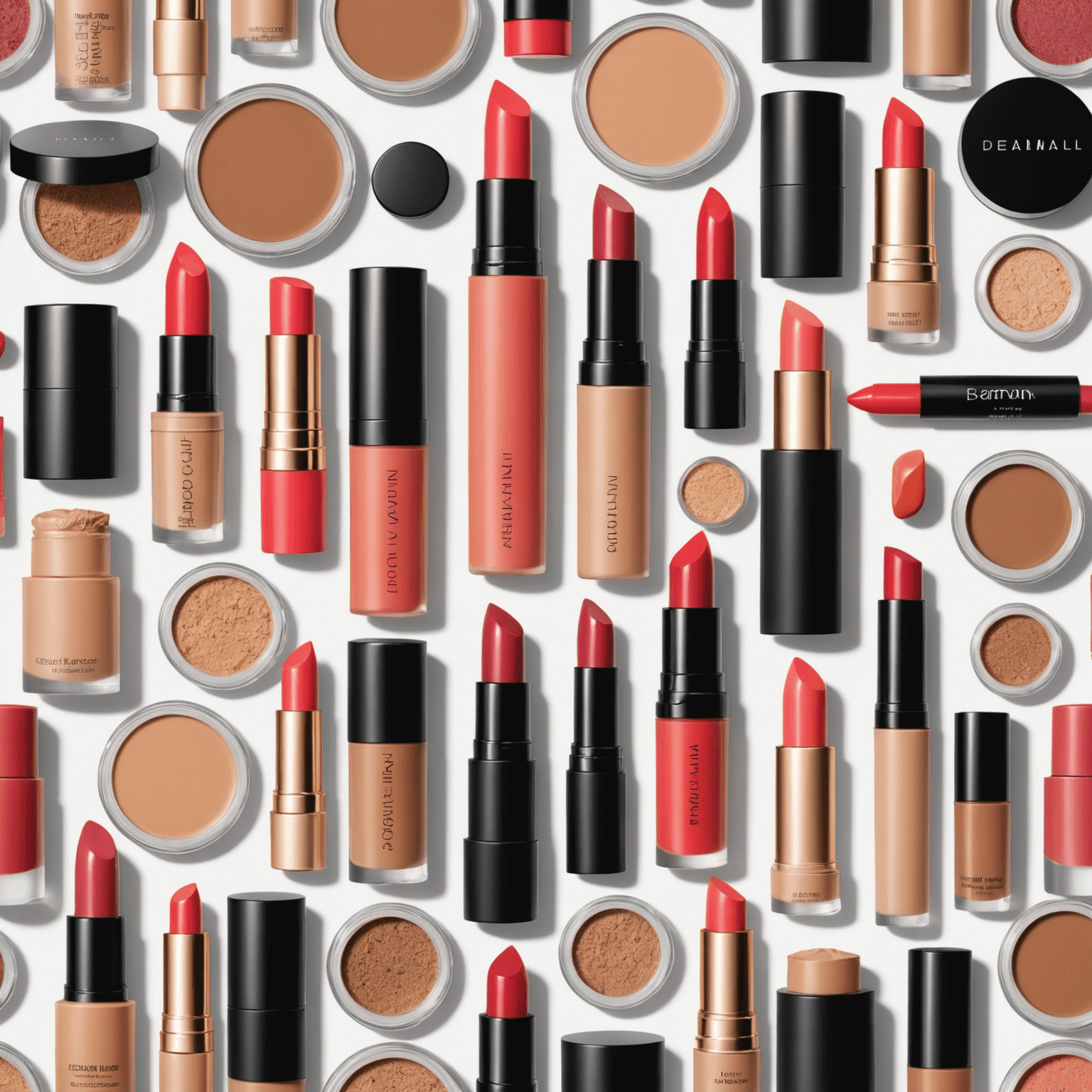 Close-up of various beauty products including lipsticks, foundations, and skincare items