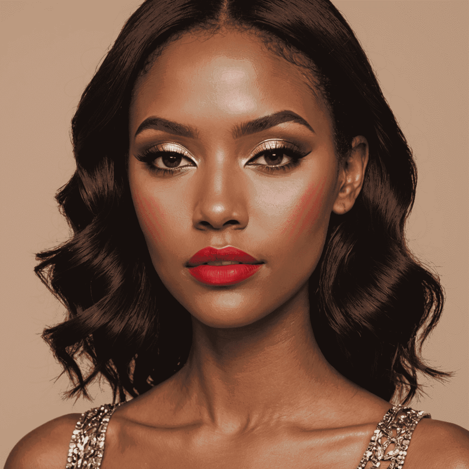 A glamorous evening makeup look featuring metallic eyeshadow and bold red lips