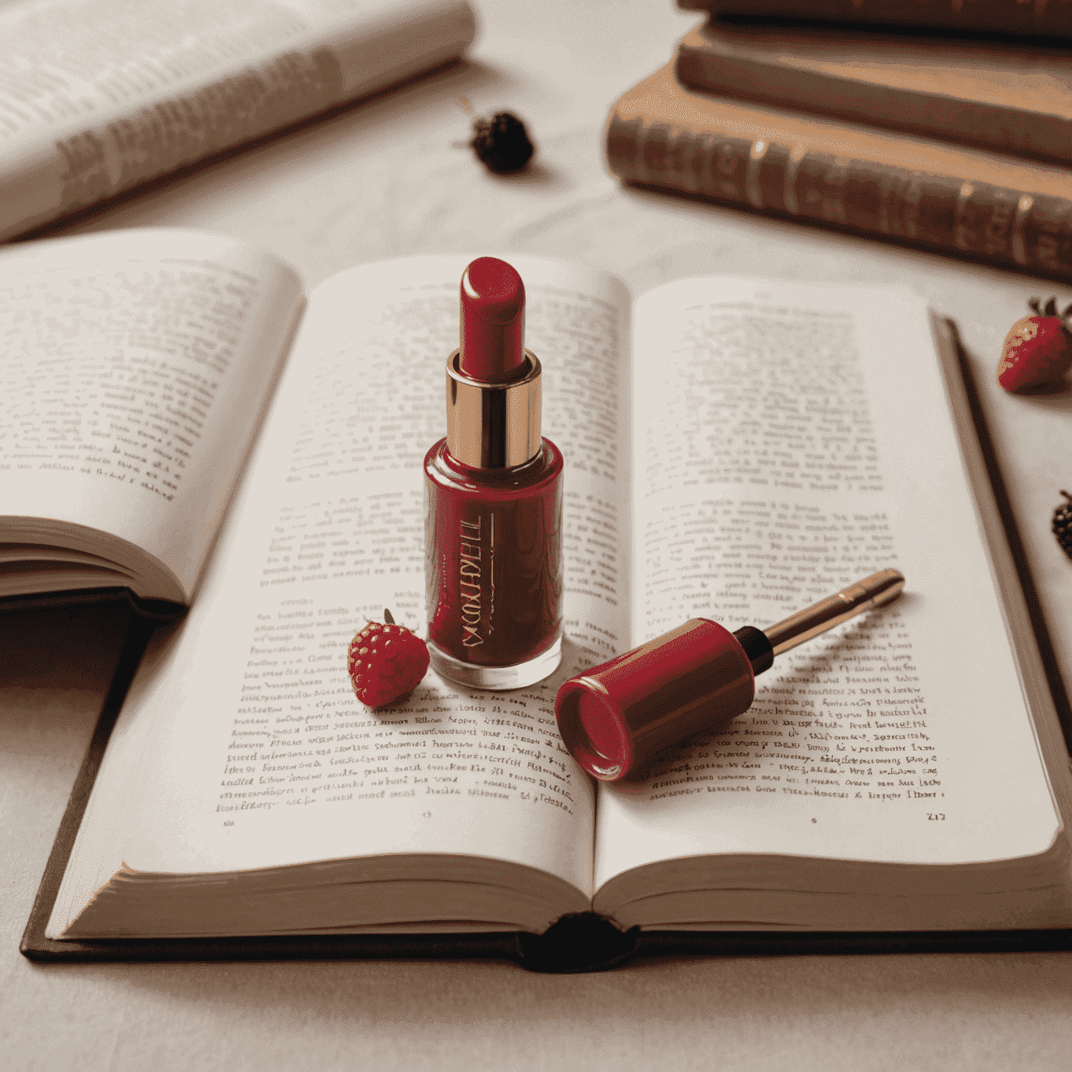 A berry-colored lip tint bottle nestled between the pages of an open book