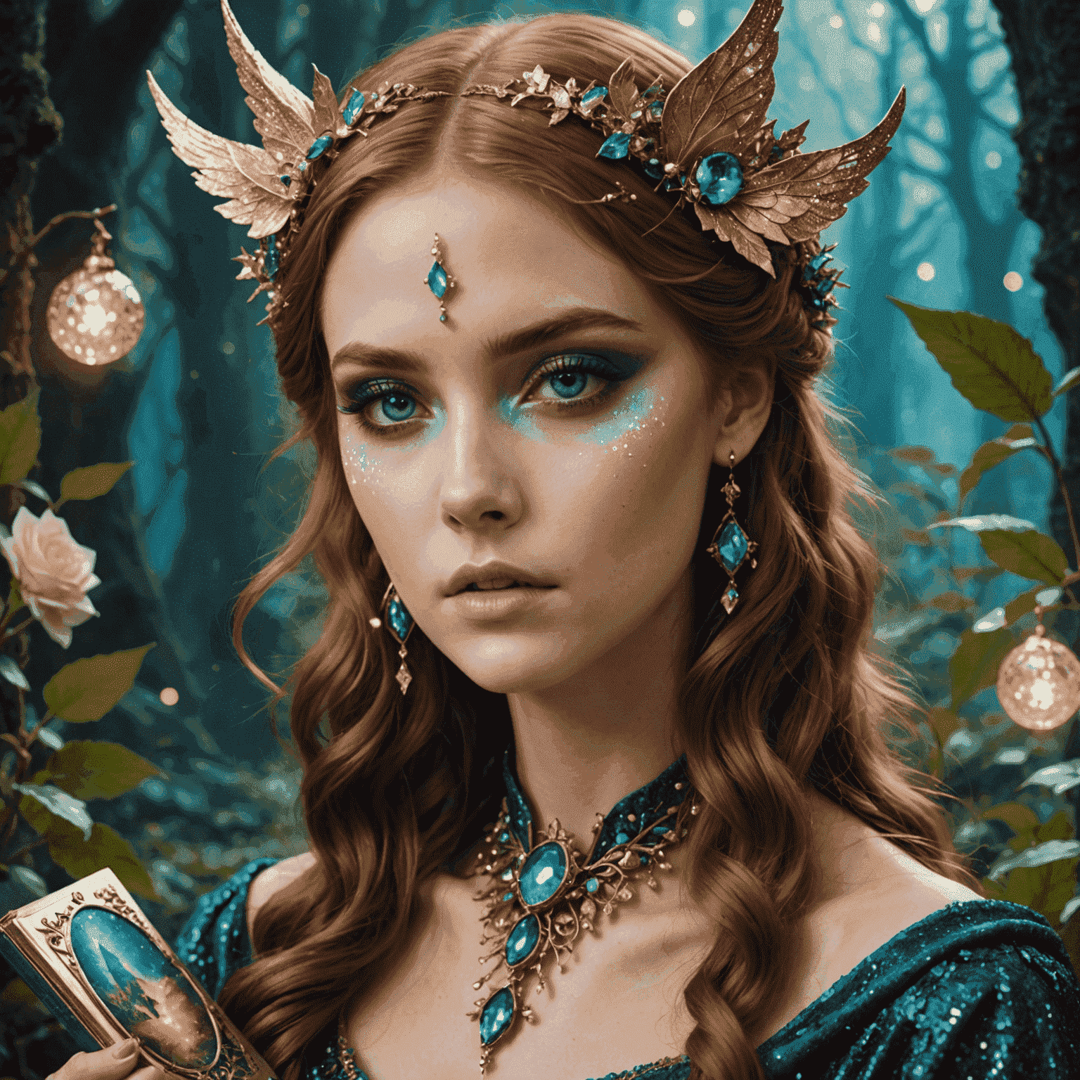 A dreamy scene with fantasy-inspired makeup, glitter, and otherworldly accessories alongside fantasy novels