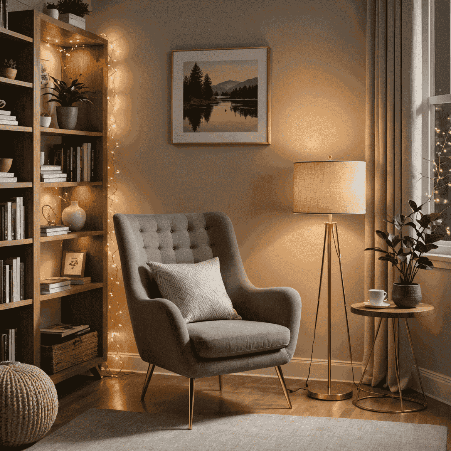 A reading corner illuminated by a sleek gold floor lamp with a fabric shade, casting a warm glow over a comfortable chair. Delicate string lights are draped along a nearby bookshelf, creating a cozy and inviting atmosphere.