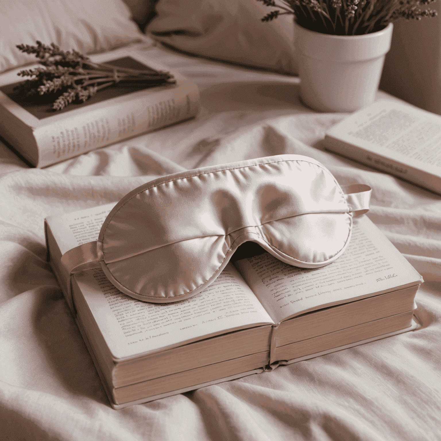 A silk eye mask in soft blush pink resting on top of a stack of classic novels, with a sprig of lavender for added relaxation