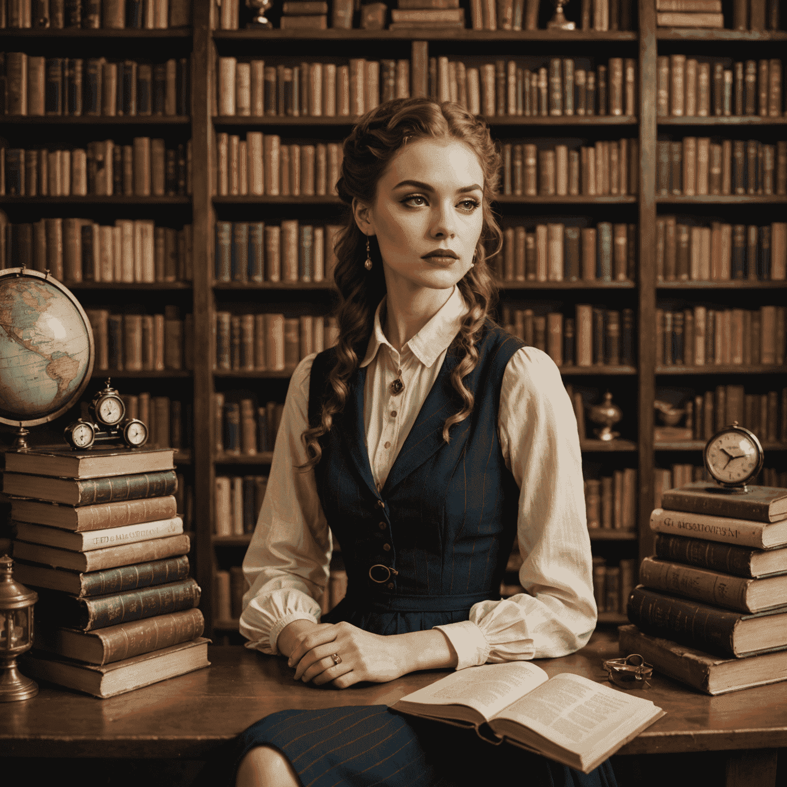 A model wearing makeup and fashion inspired by a classic novel, surrounded by books and vintage props