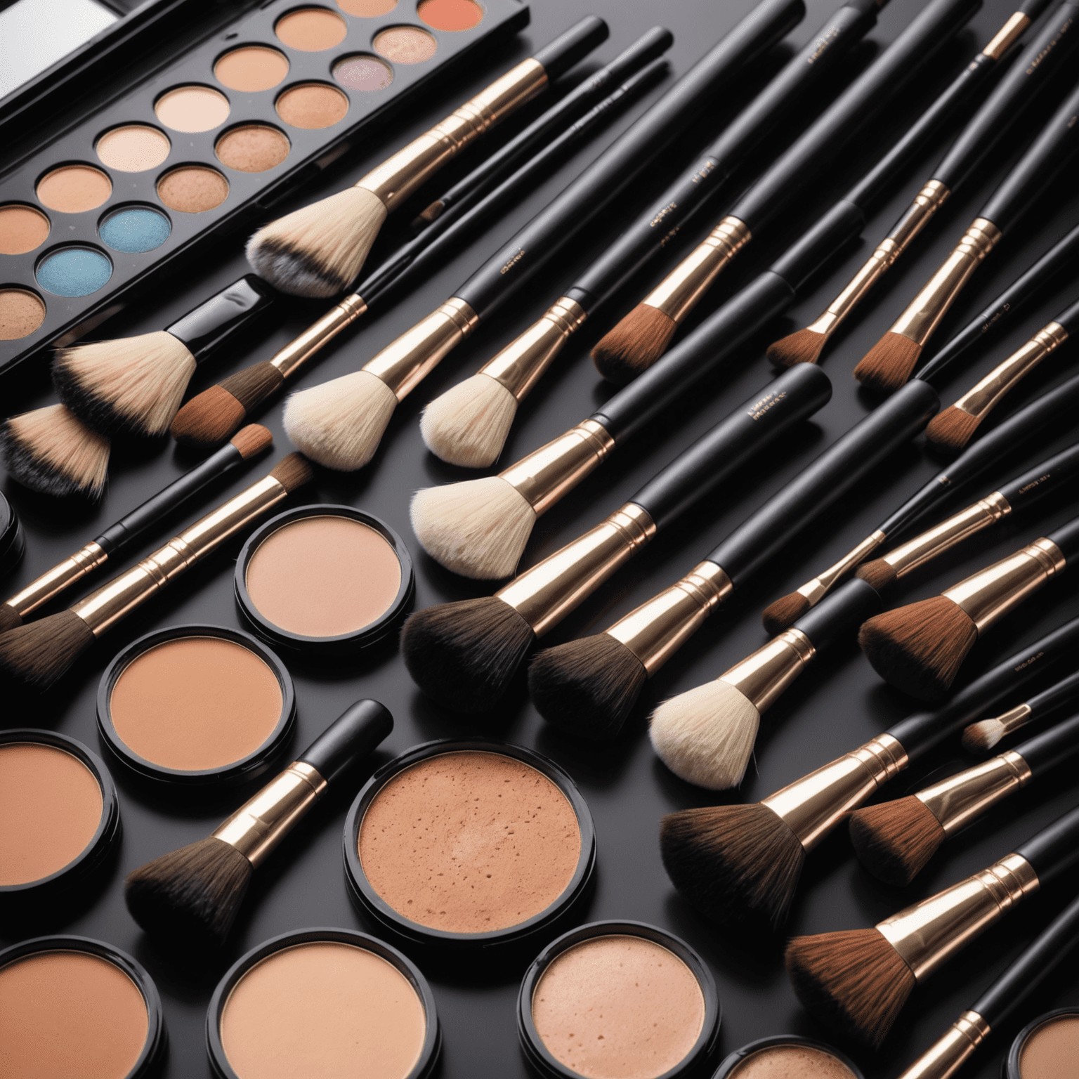 A collection of high-quality makeup brushes arranged next to open makeup palettes
