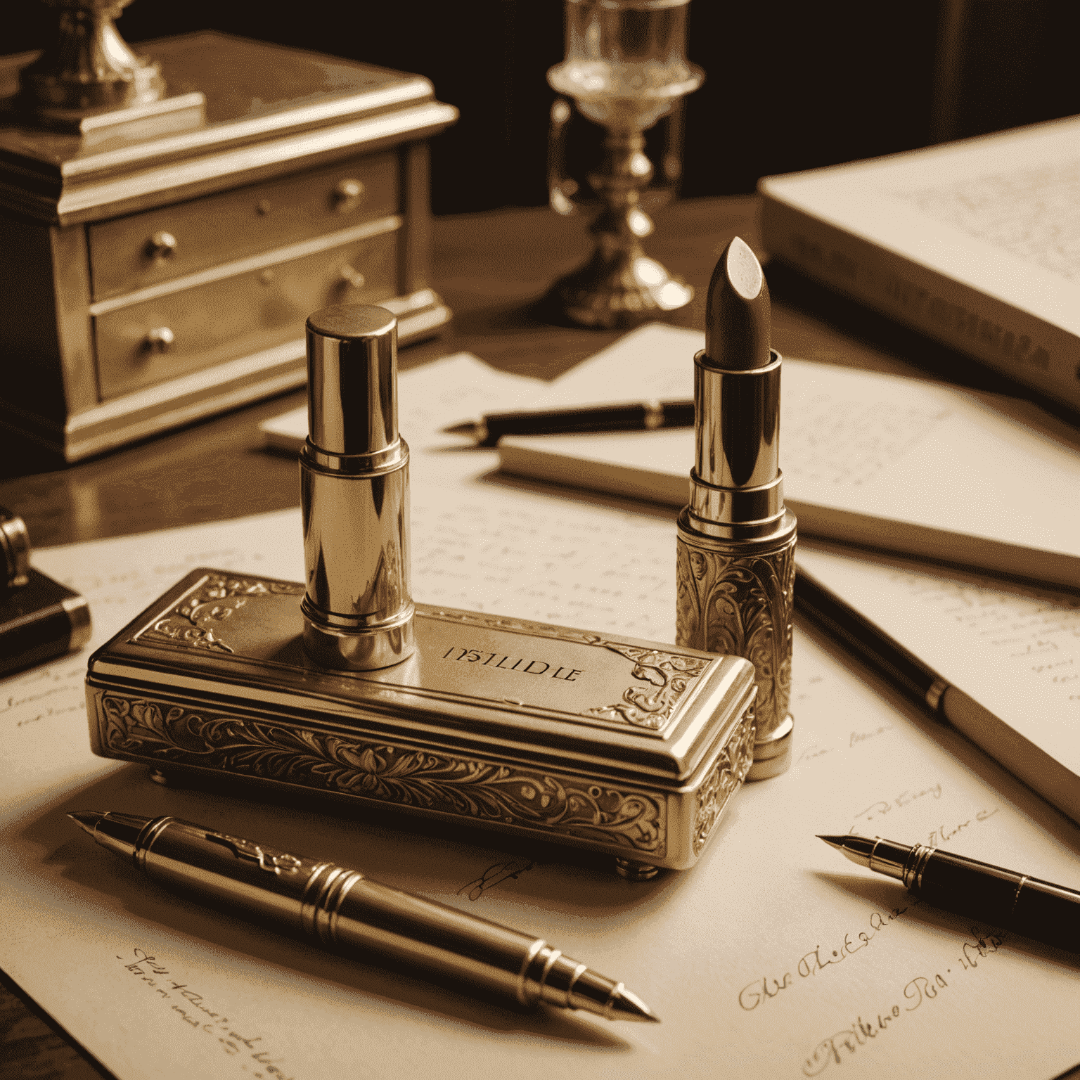 A luxurious gold-packaged lipstick placed on a vintage writing desk with a fountain pen nearby