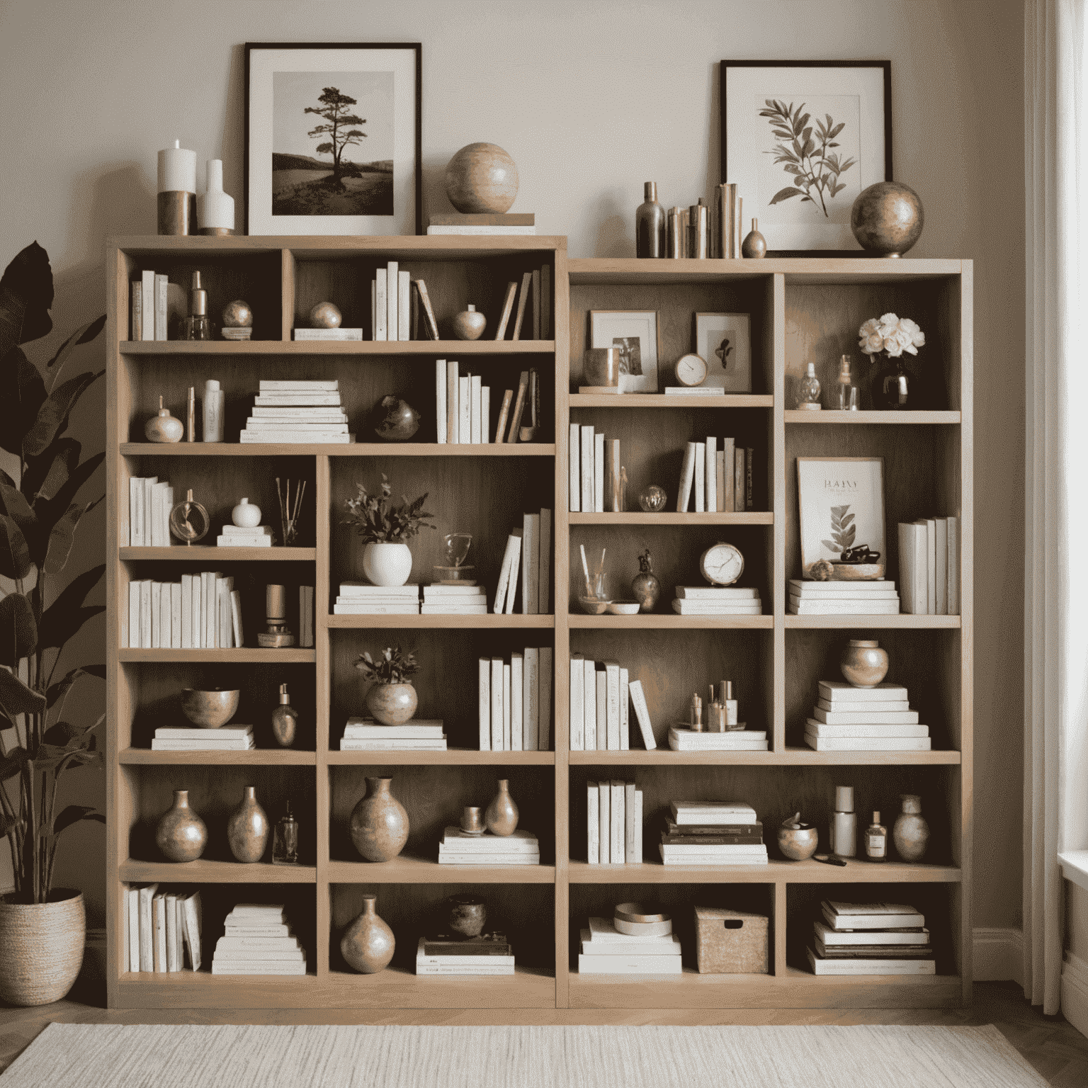 A beautifully styled bookshelf with carefully arranged makeup products, creating a harmonious blend of beauty and literature