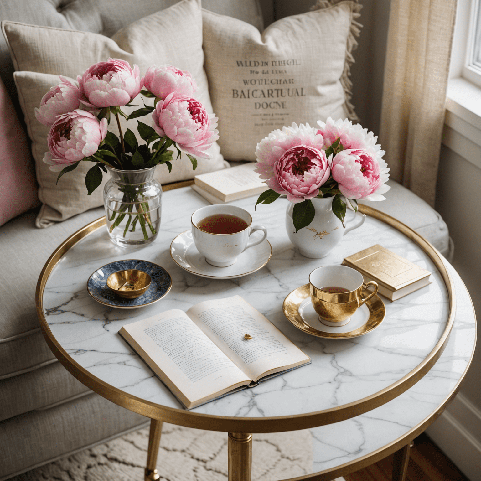 A close-up of a reading nook's personal touches: a marble side table with a gold-rimmed tray holding a porcelain teacup, a small vase of pink peonies, and a collection of bookmarks. On the wall, framed watercolor quotes and a vintage book cover print add character.