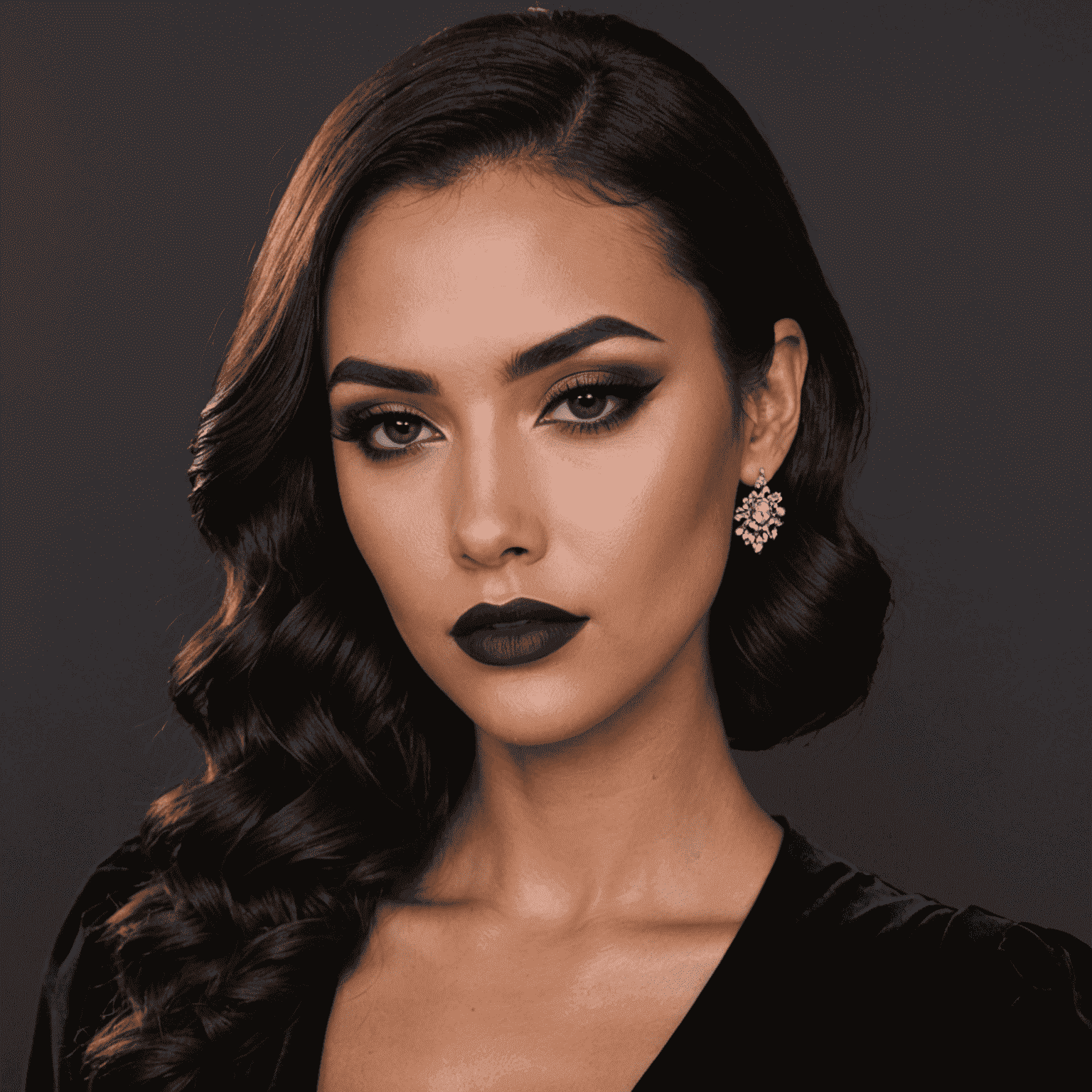 A sultry and mysterious makeup look featuring smokey eyes, defined brows, and a deep burgundy lip, inspired by film noir and mystery novels