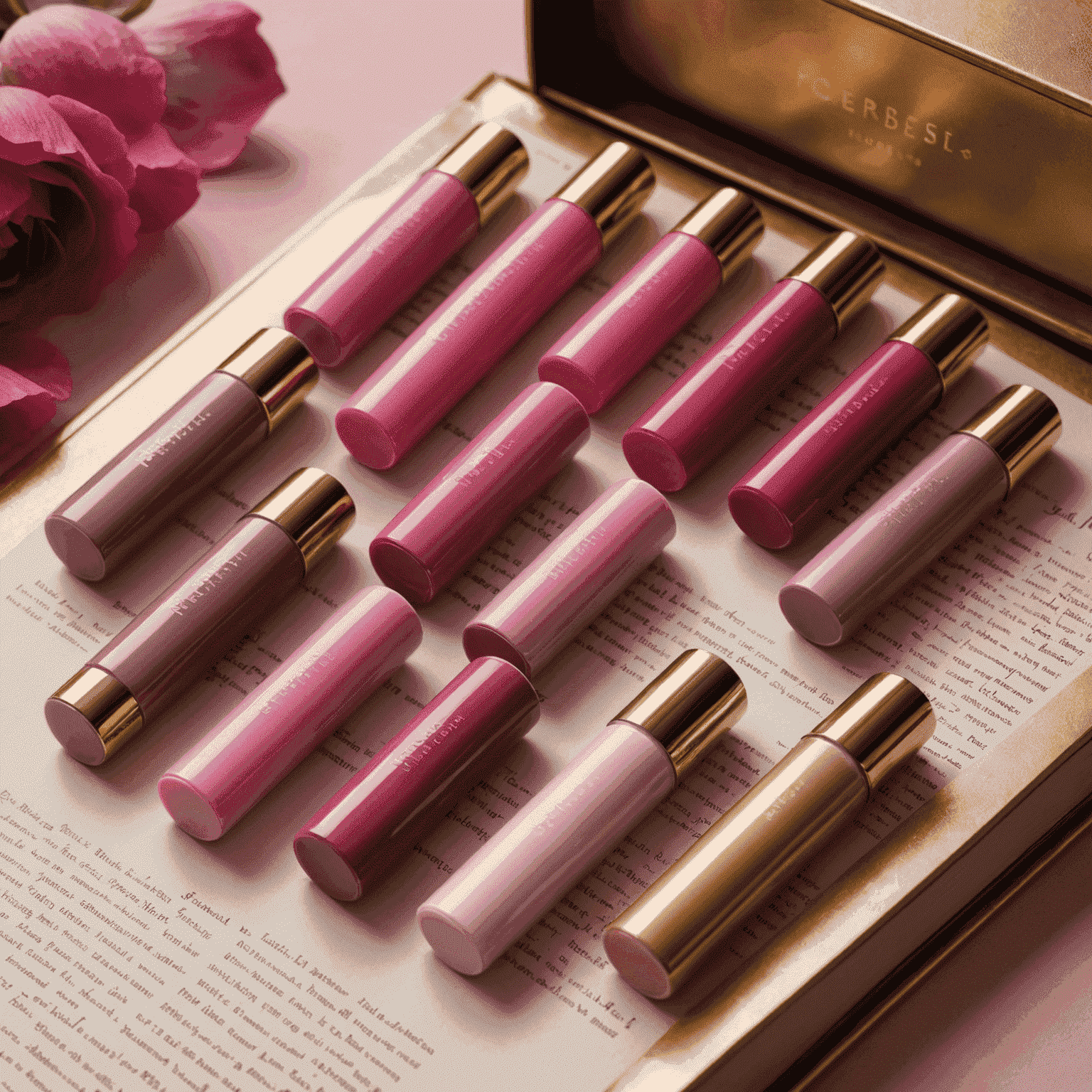 A collection of luxurious tinted lip balms in various shades of pink and mauve, artfully arranged on an open book with gold-edged pages