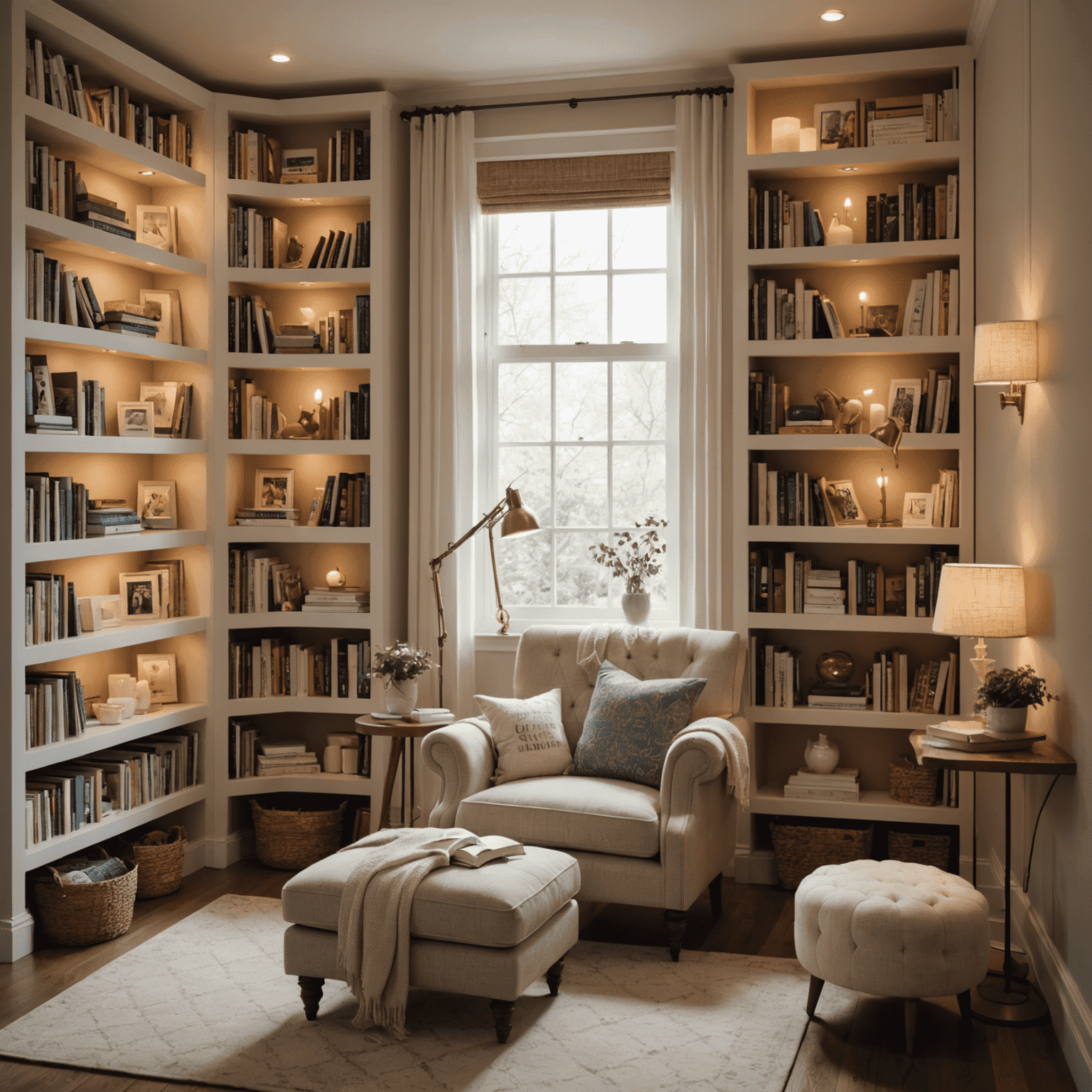 A beautifully styled reading corner with a comfortable chair, bookshelves, and soft lighting
