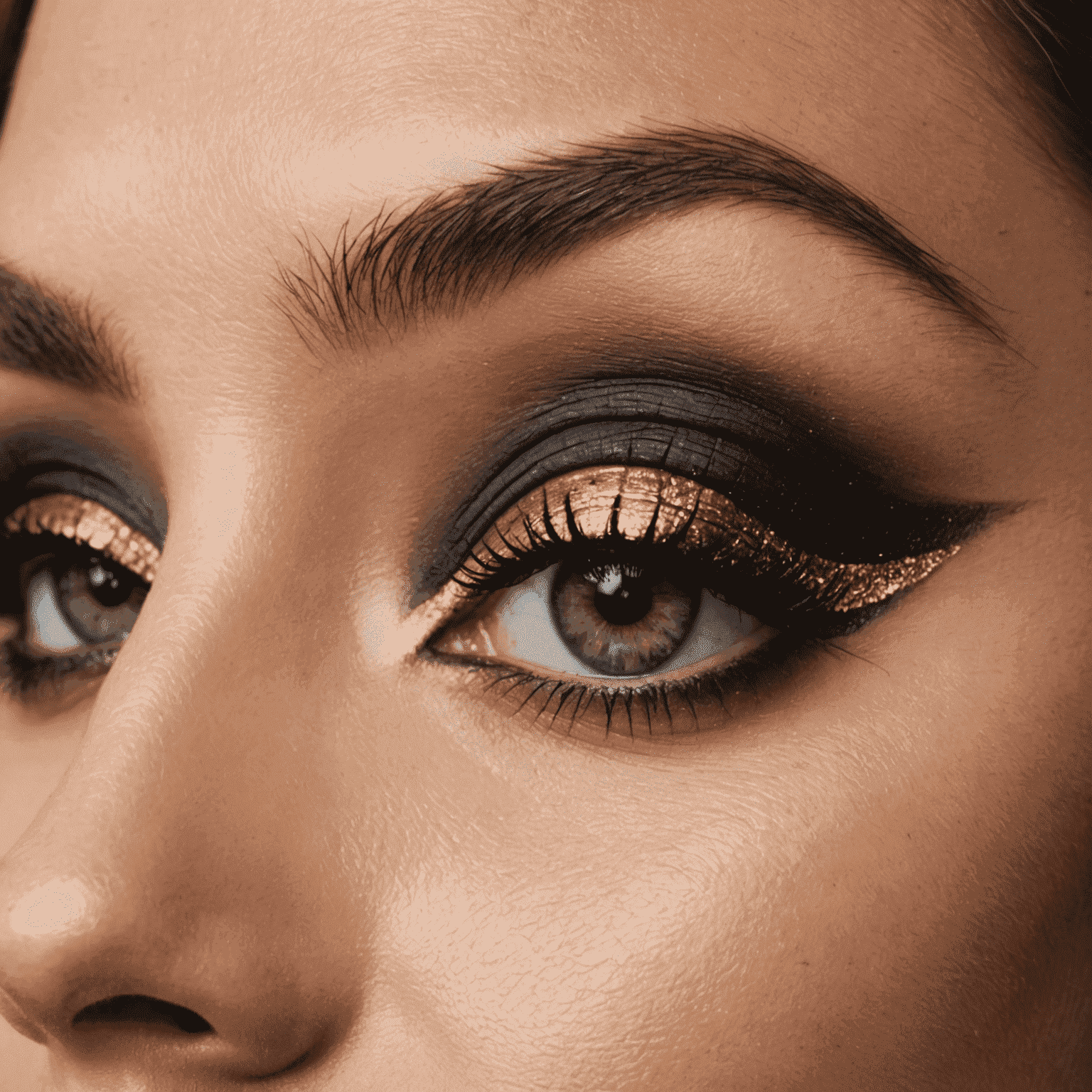 Close-up of dramatic smokey eye makeup with gold accents